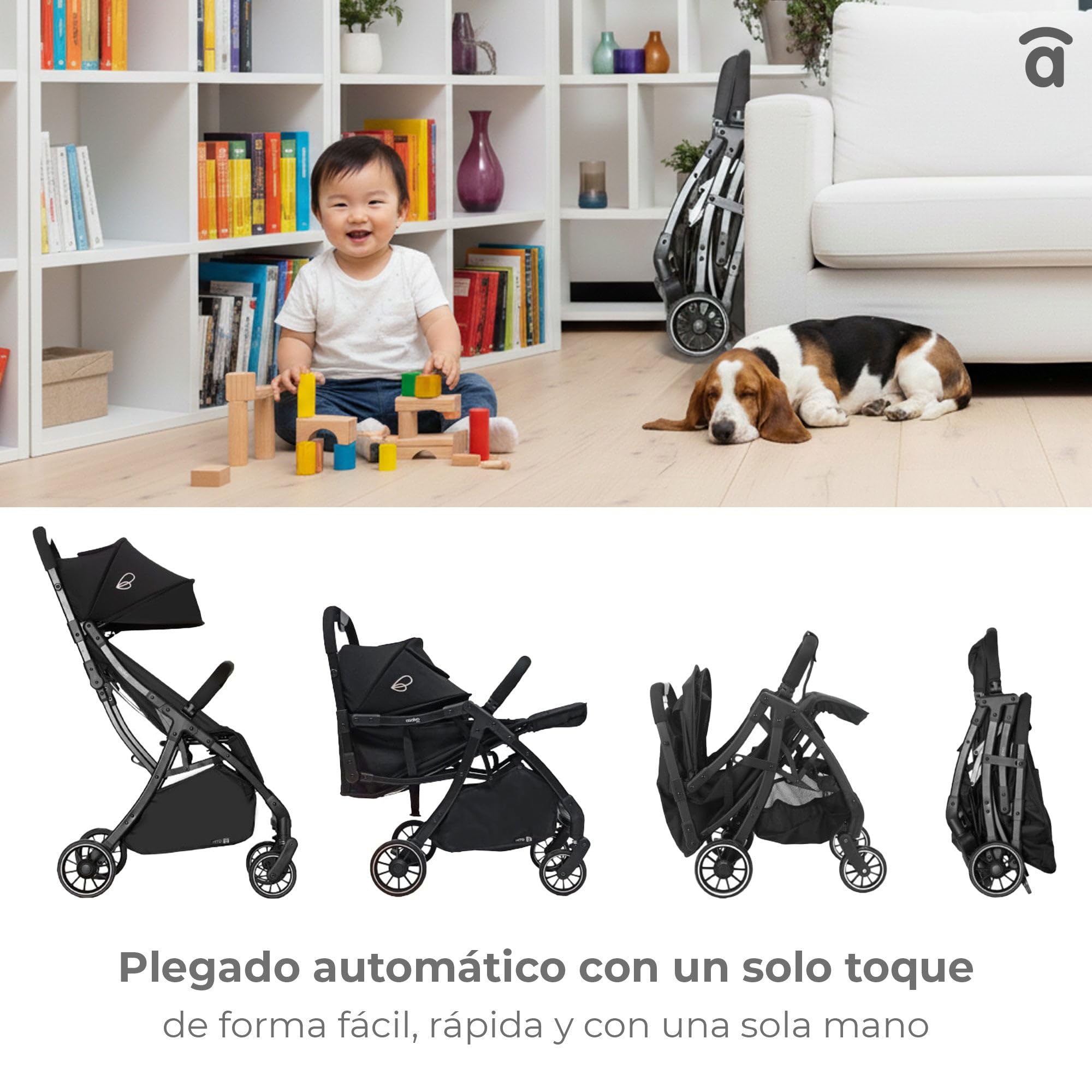 Asalvo HITO Silla de Paseo, Carrito bebé, Carro para bebés, Confortable, Ultraligera, Segura, Capota con Ventana y Freno Trasero, Manejable, Plegado compacto, Carga Máxima 24 kg, Negro