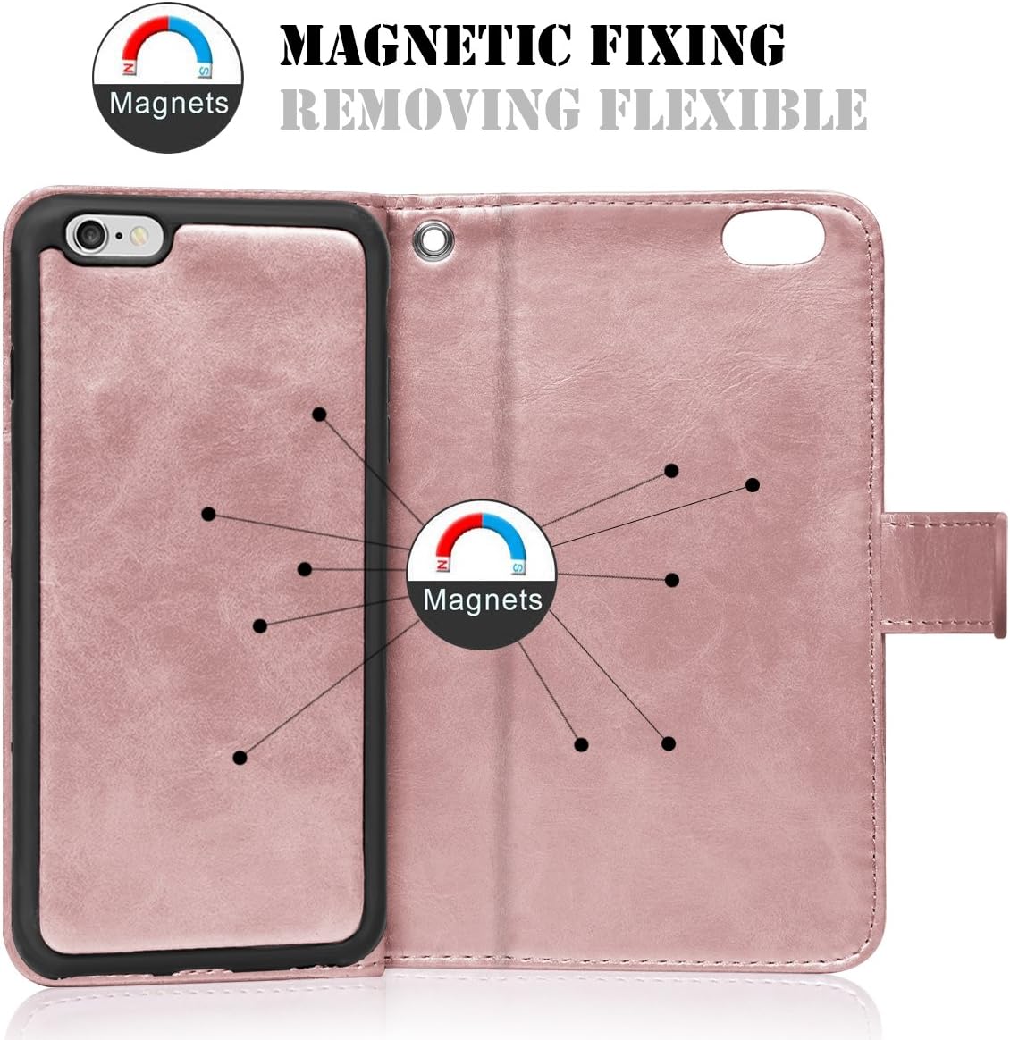 Vofolen 2-in-1 Case for iPhone 6S Plus Case iPhone 6 Plus Wallet Card Holder Detachable Flip Cover Magnetic Folio PU Leather Protective Slim Shell with Wrist Strap for iPhone 6 Plus 6S Plus -Rose Gold