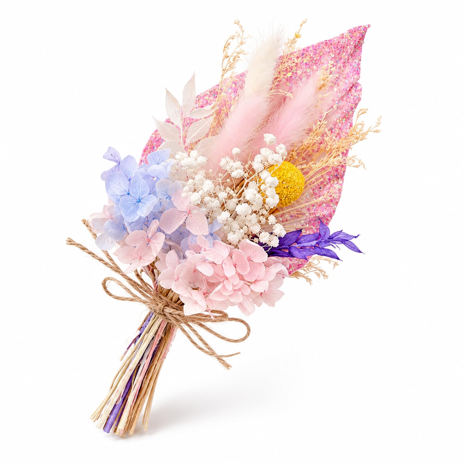 Pink Fan Flower Cake Decorations, Boho Dried Flowers for Cakes, Cake Flowers Bouquet with Gold Palm Leaf for Wedding, Birthday Party & DIY Projects