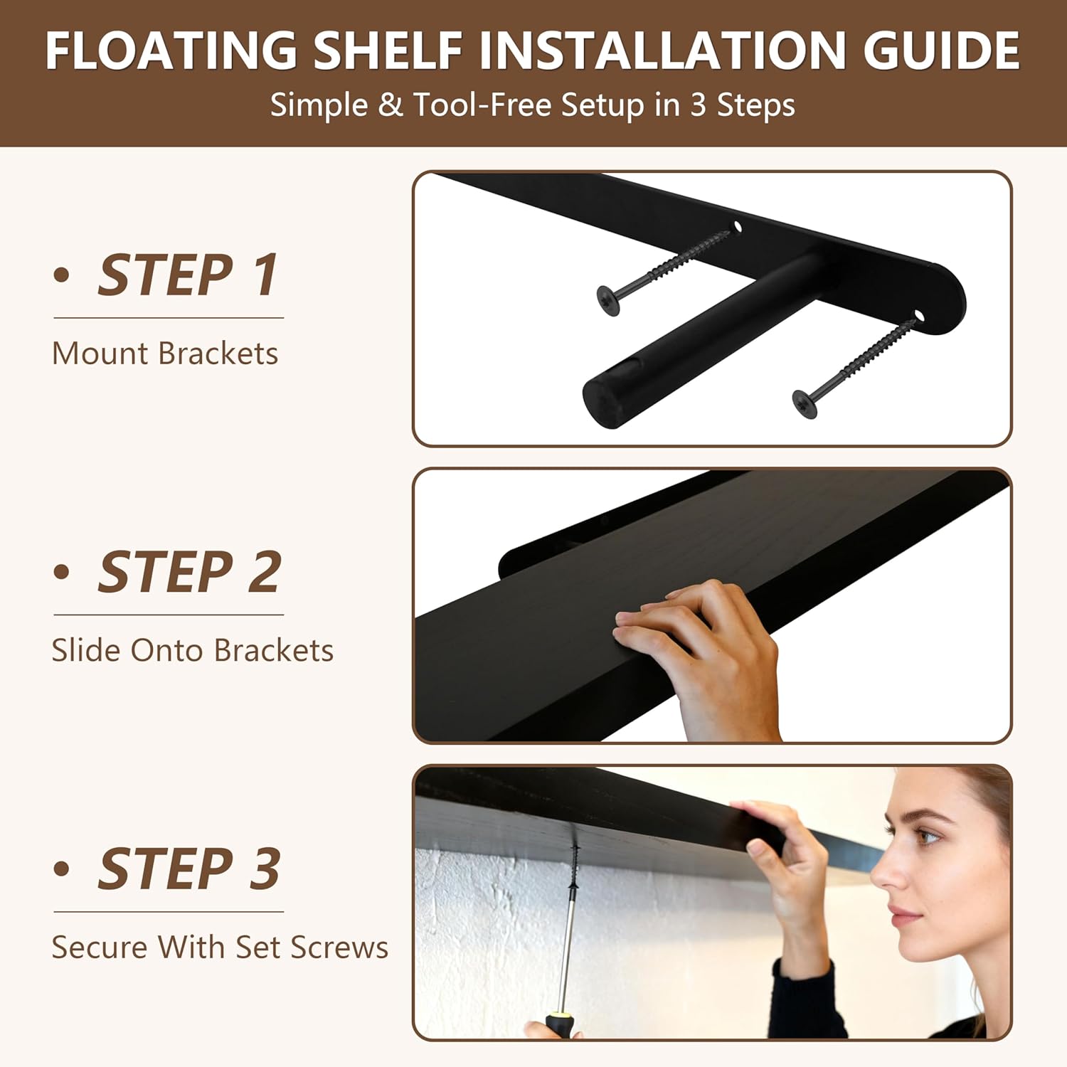 IEO Long Wooden Floating Shelves for Room Wall, Natural Wood Floating Shelves Wall Mounted Kitchen Shelf for Living Room, Bedroom, Kitchen,Bathroom, Storage (Black, 72in 2tier)