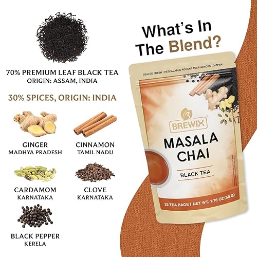 Miniatura 2 de BREWIX, Masala Chai - Bolsas de té (25 bolsas de té piramidales) fuertes, robustas y picantes, ingredientes puros, té negro, canela, jengibre,