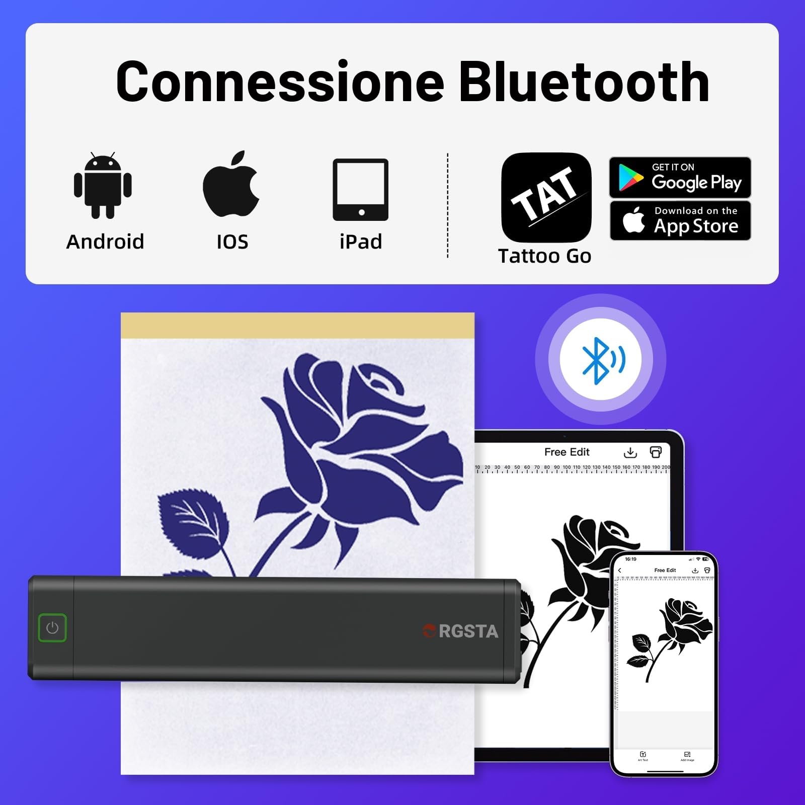 ORGSTA S008 Stampante per Tatuaggi Termica Bluetooth, Trasferimento Stencil Portatile