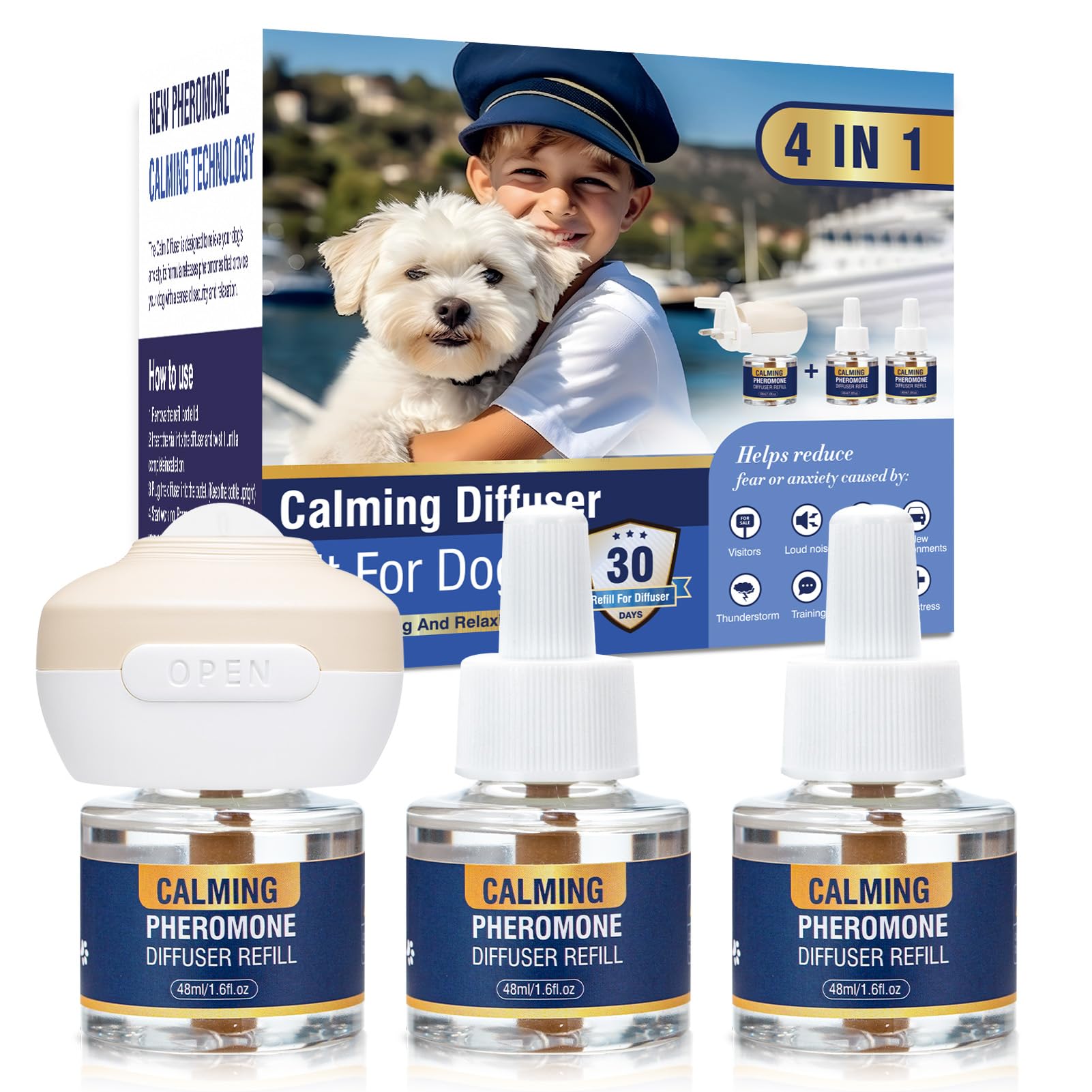 Piuess Dog Calming Plug In Pheromone Diffuser 4 IN 1 Kit to Calm Dogs Effectively Relieves Anxiety Barking Chewing and Separation Anxiety of 90 Days Continuous Calming Pee Accidents Aggression