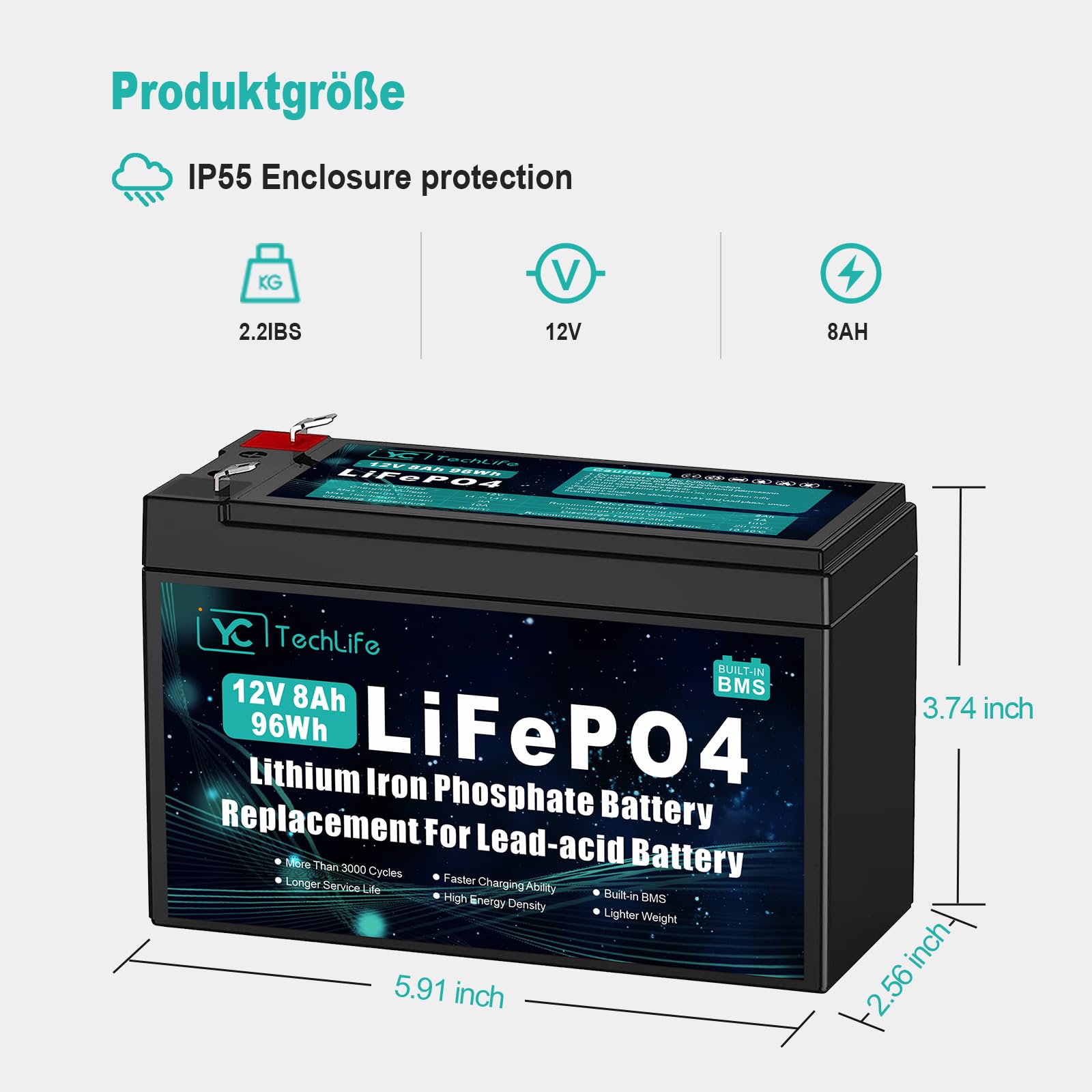 12V 8Ah Lifepo4 Batterie, Wiederaufladbare Lithium Batterie für Tiefentladung mit bis zu über 3000 Ladezyklen, integriertes 10A BMS, Verwendung für Solar/Windenergie, Beleuchtung, Fischfinder, 2 Pack