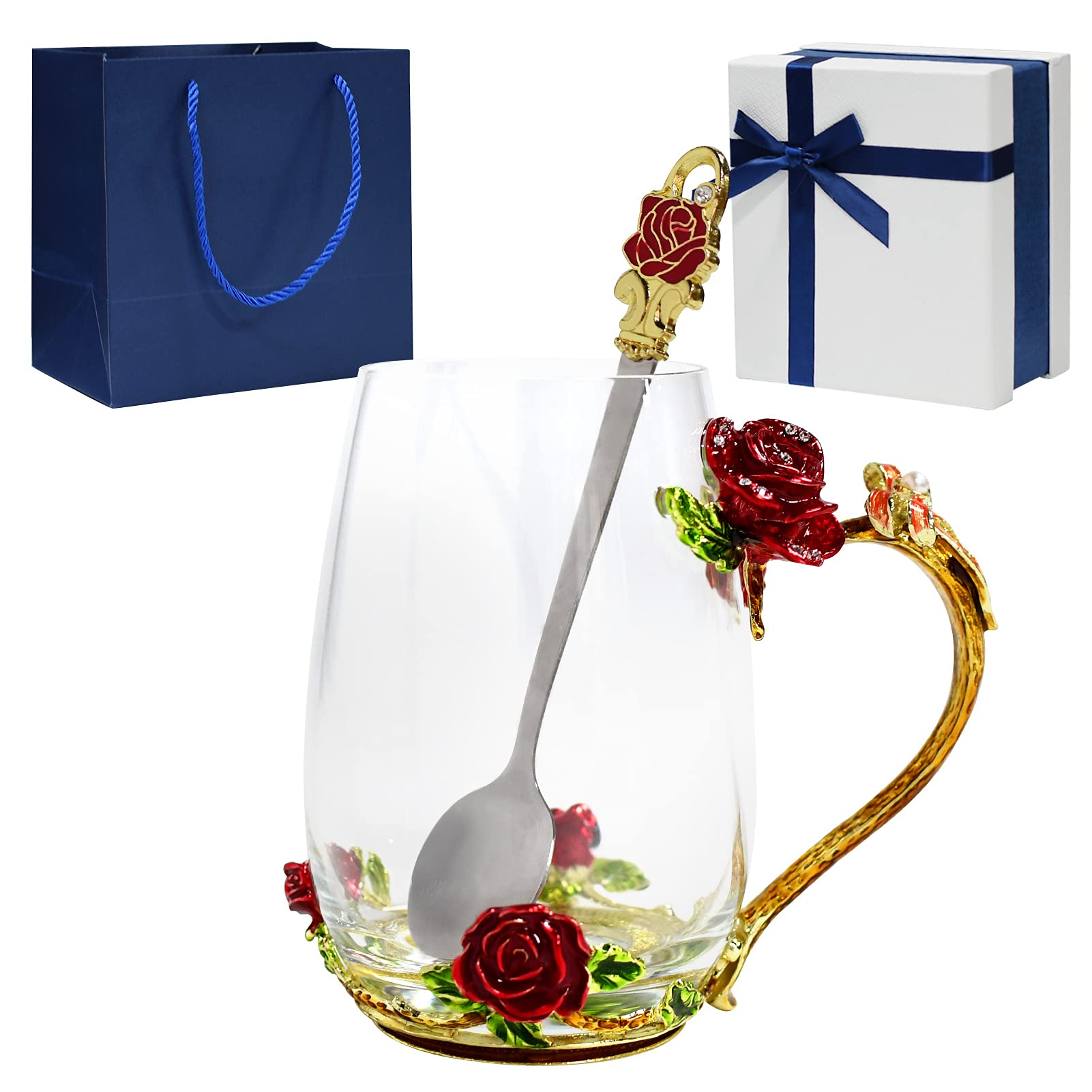 Tea Cup with Spoon, Glass Coffee Mug, Handicraft Crystal Glass 3D Flower Tea Cup, Women Ideal Gift for Birthday, Wedding, Mother's Day (Red)