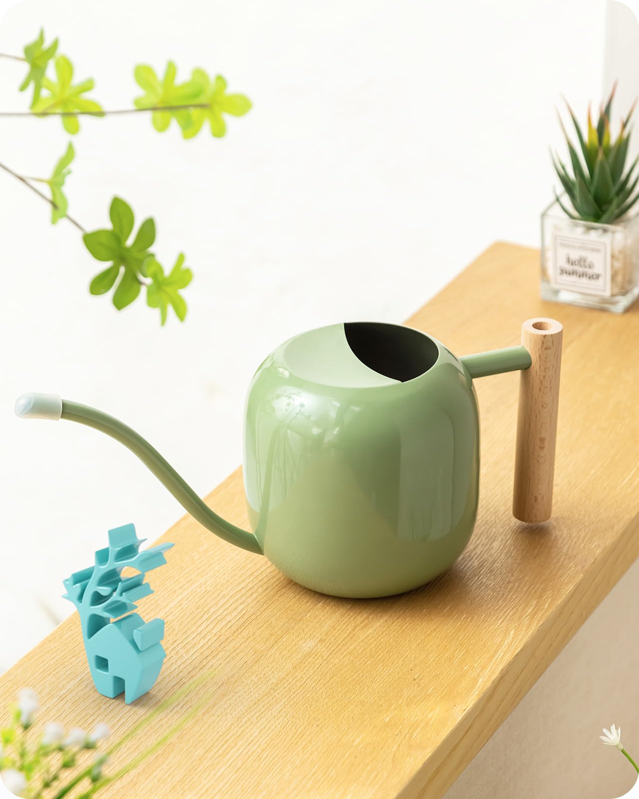 Baffect Arrosoir d'intérieur pour plantes d'intérieur et bonsaï (1,2 L, vert sauge) | Petit pot d'arrosage en métal pour plantes d'intérieur avec long bec et poignée en bois, 1 162,3 g