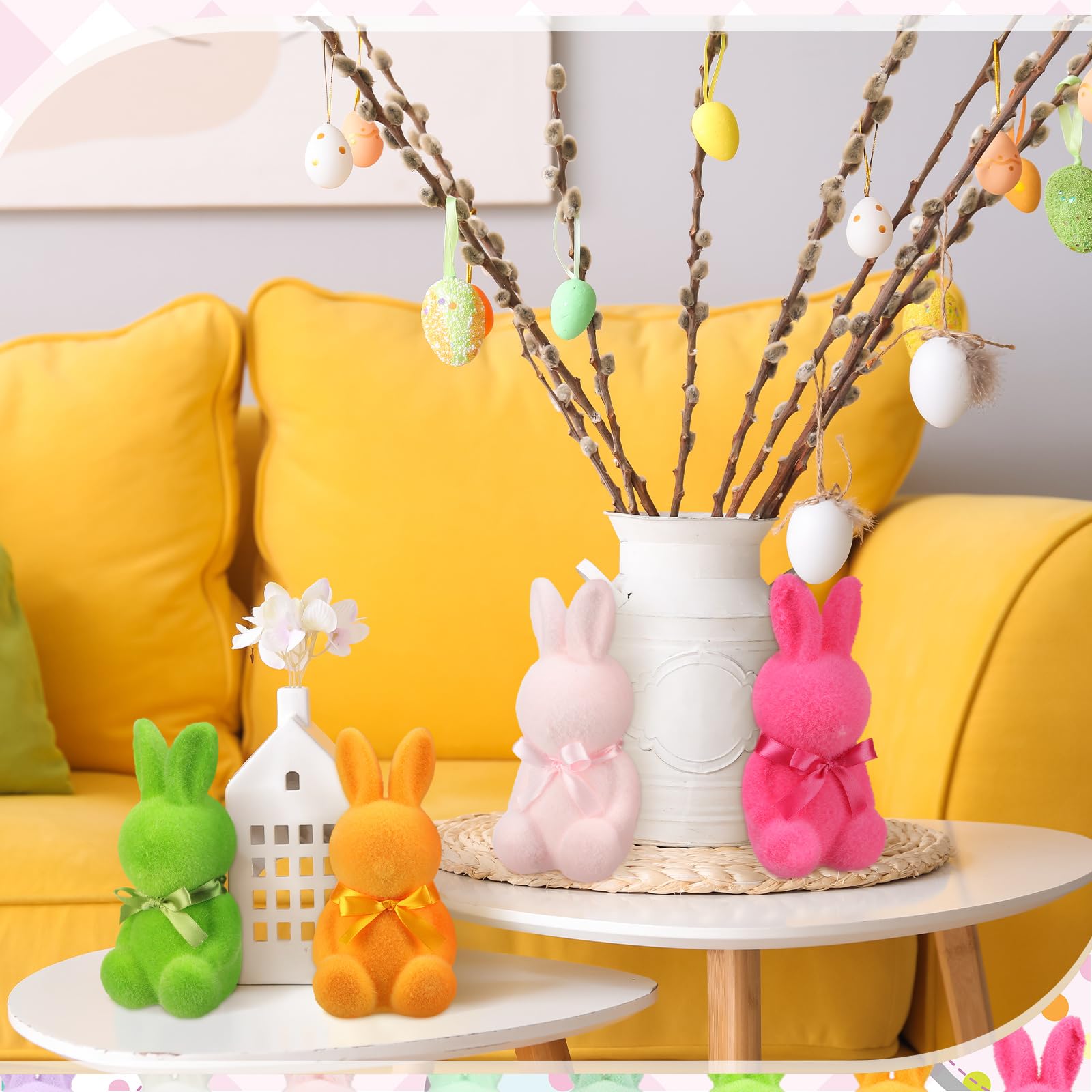 Wesiti Beflockte Osterhasen-Dekoration mit Fliege, Hasen-Figuren für Ostern, Tafelaufsätze, Frühling, Hof, Rasen, Garten, Tischskulptur, Häschen, Kinderzimmer, Dekoration für Ostern, Geschenk,
