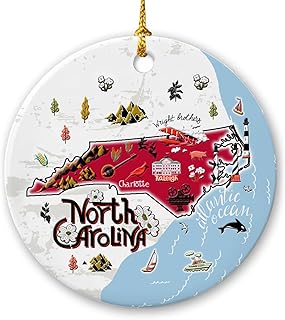Lotacy North Carolina Map Christmas Ceramic Ornament with Iconic Symbols, Home Decor, North Carolina Gifts and Souvenirs