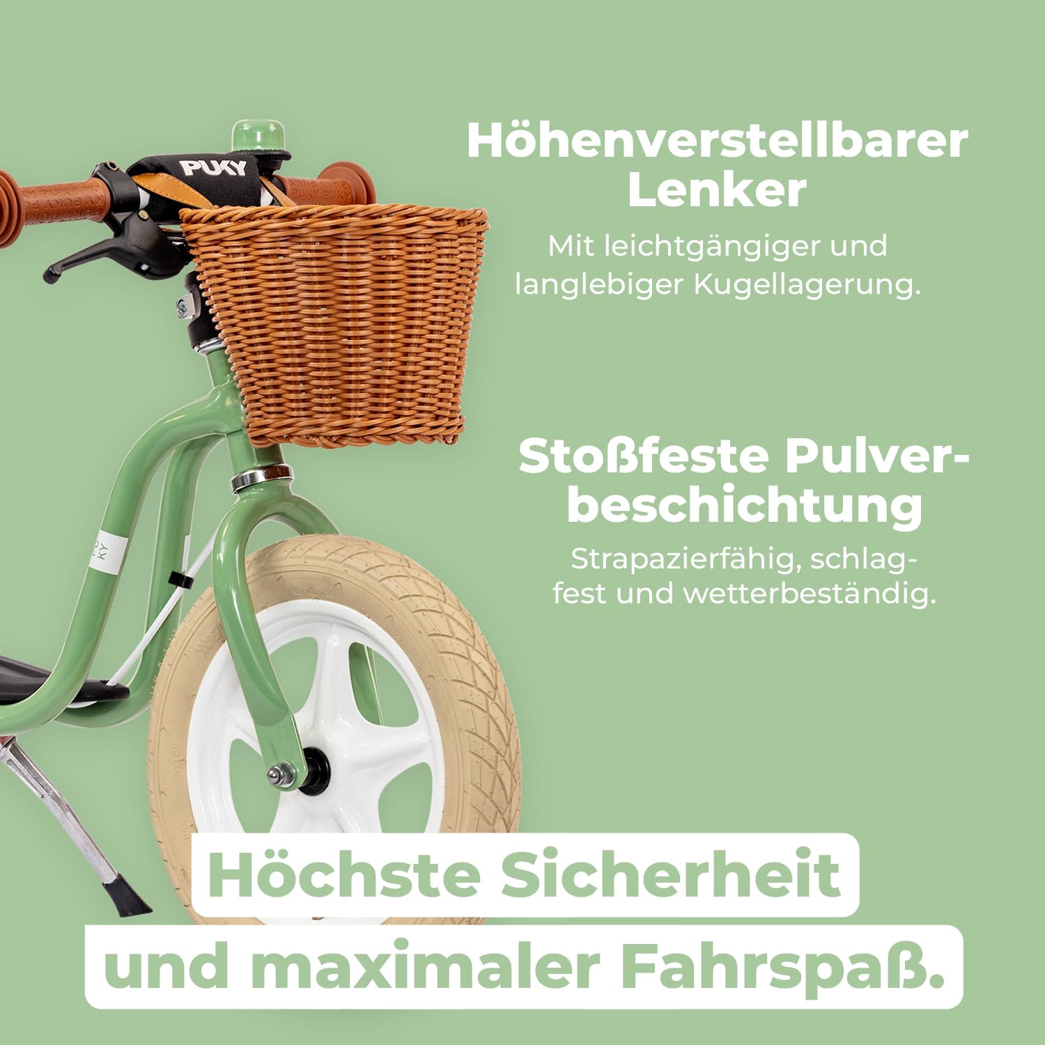 PUKY LR L Classic Retro Green | Lauflernrad 2 1/2 Jahre | Kinder Laufrad mit Bremse | Balance Bike | Ergonomischer Sitz, Sicherheitslenkergriffe & Lenkerpolster | Höhenverstellbarer Sattel & Lenker