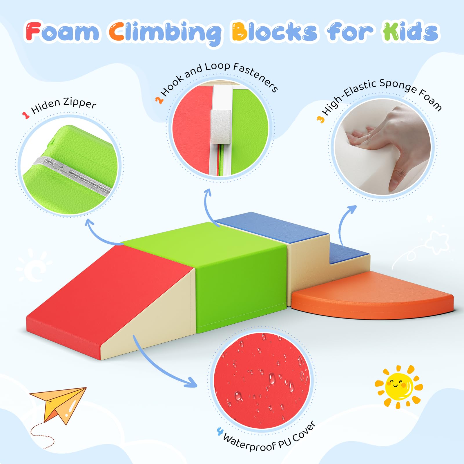 Blocs d’Escalade en Mousse colorés 4 pièces, Blocs Souples avec Fermetures Velcro, Jouet combinable pour Tout-Petits, intérieur et crèche
