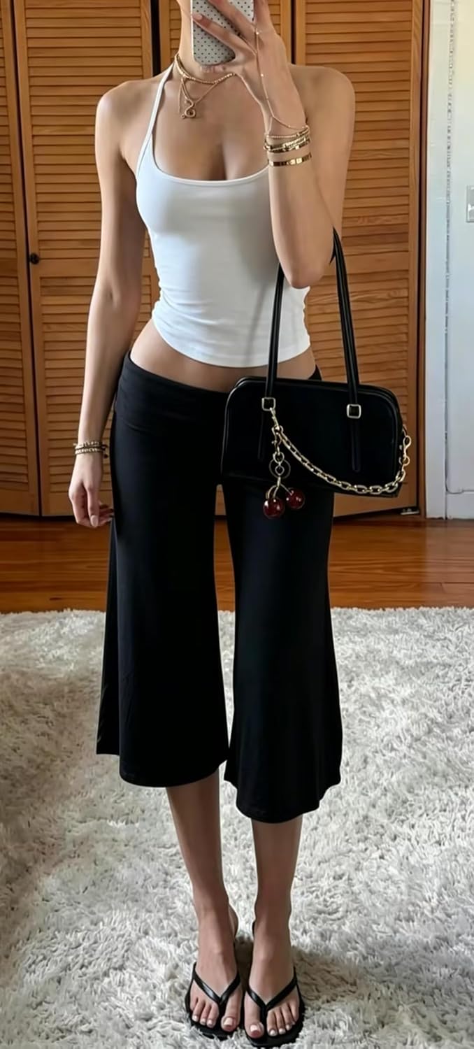 Women Fold Over Gaucho Pants Flowy Low Rise Wide Leg Capri Pants Y2K Foldover Gauchos Cropped Yoga Lounge Bottoms