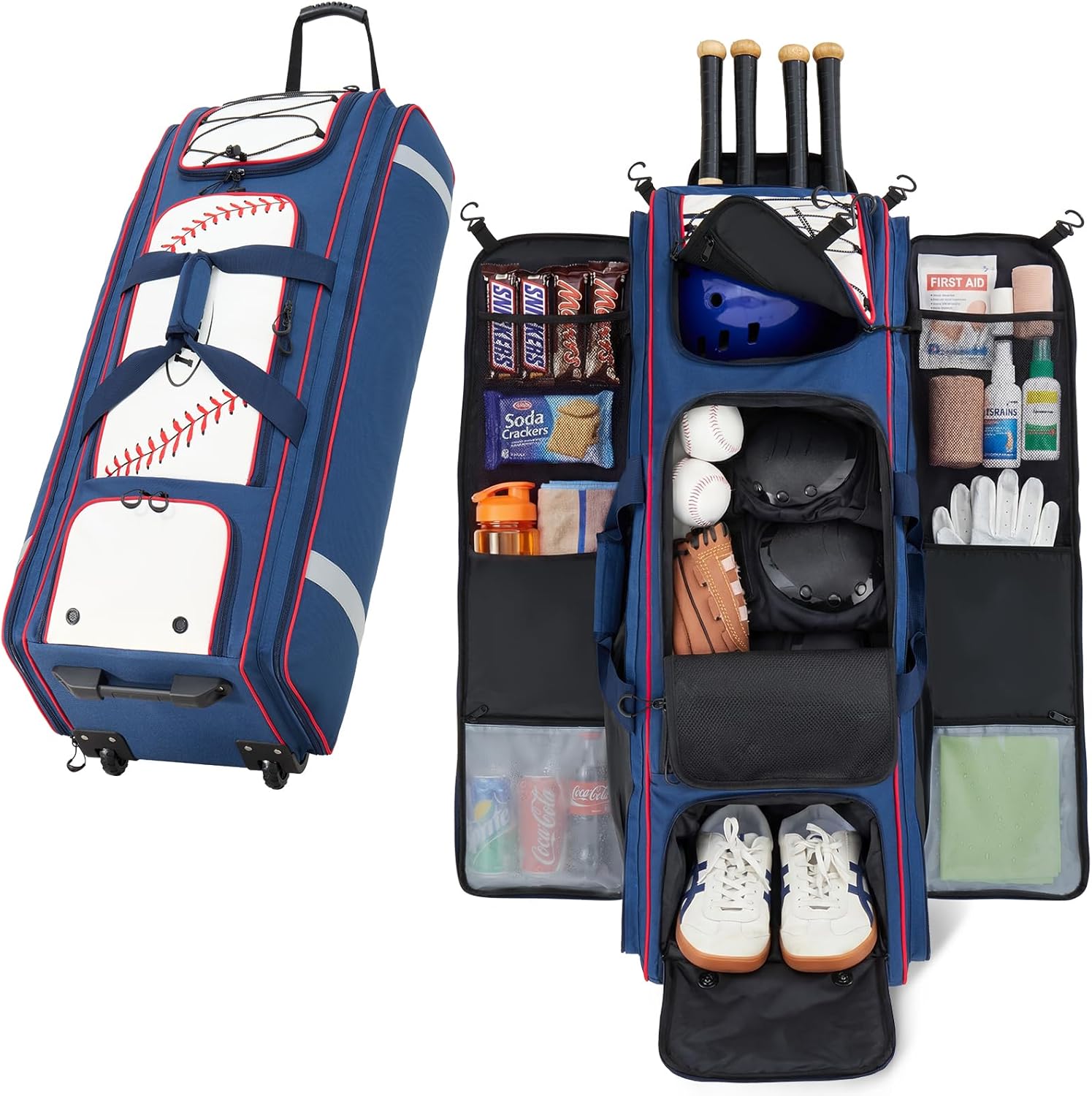 Fanwoli 100L Rolling Catchers Gear Bag for Baseball Softball, Legacy Stitch Edition, Fits Full Set & 8 Bats, All-Terrain Wheels, Stand-Up Base, Vented Shoe Zone, Reflective Strip, Fence Hooks