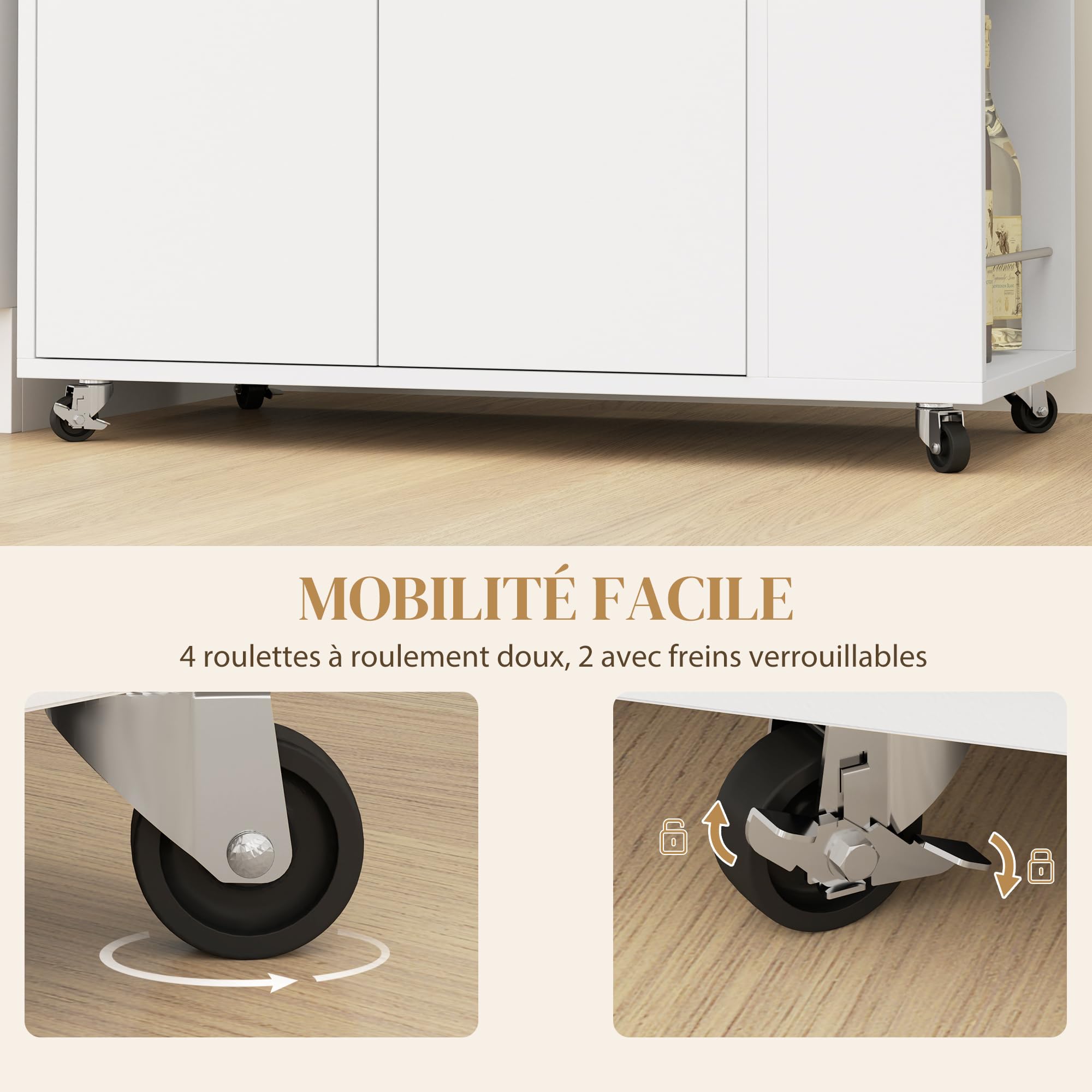 HOMCOM Desserte de Cuisine à roulettes avec Plan de Travail, Îlot Central Cuisine avec 2 Portes, Compartiment Ouvert, étagère réglable et Porte-épices, pour Salle à Manger, 75x40x80,5cm, Blanc