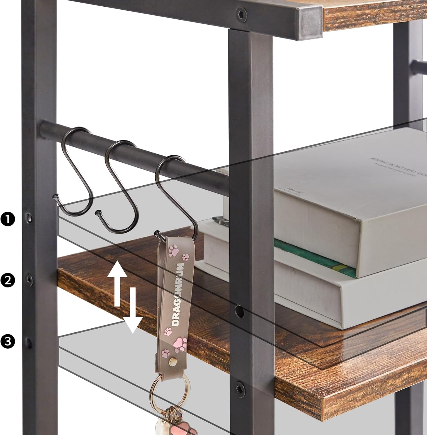 Close-up of the adjustable shelf mechanism and S-hooks on the YMYNY printer stand