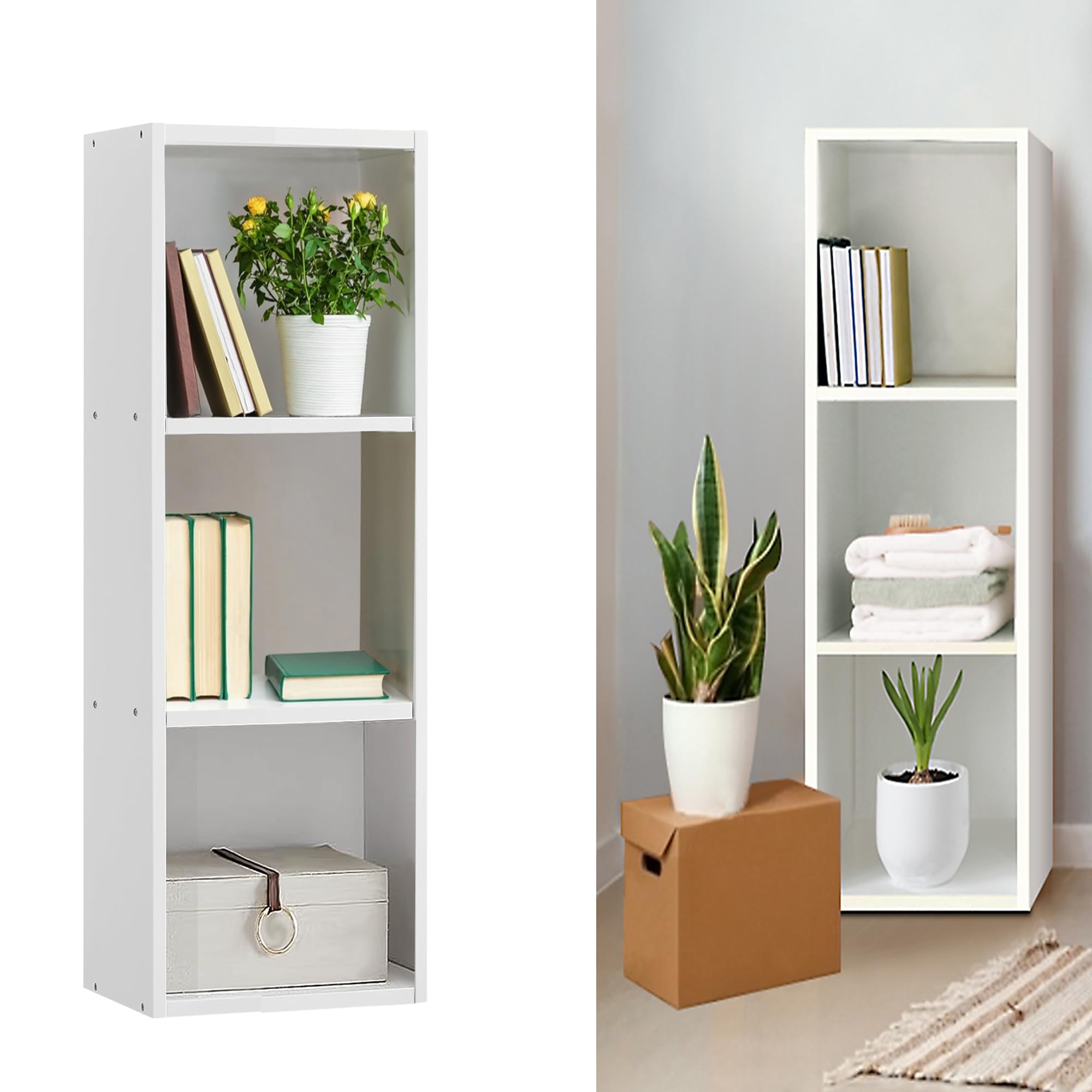 ANSIMIDA Cabinet with Shelving, MDF storage Cupboard with shelves/Bookcase/Side furniture, Easy assembly, Office, Living Room, Bedroom - Basic Storage Shelf White (3 Tier)