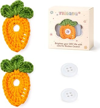 2Pcs Handmade Crochet Button Covers - No-Sew Carrot Design, Cute Fun Decor for Blouses, Shirts, Uniform, Cardigans, Woolen Yarn Button Cover Gift for Women Men