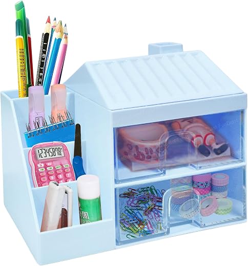FunBlast Stationary Desk Organizer – Hut Shaped Stationary Holder Stand with Drawer, Multifunctional Desk Organizer, Offic...