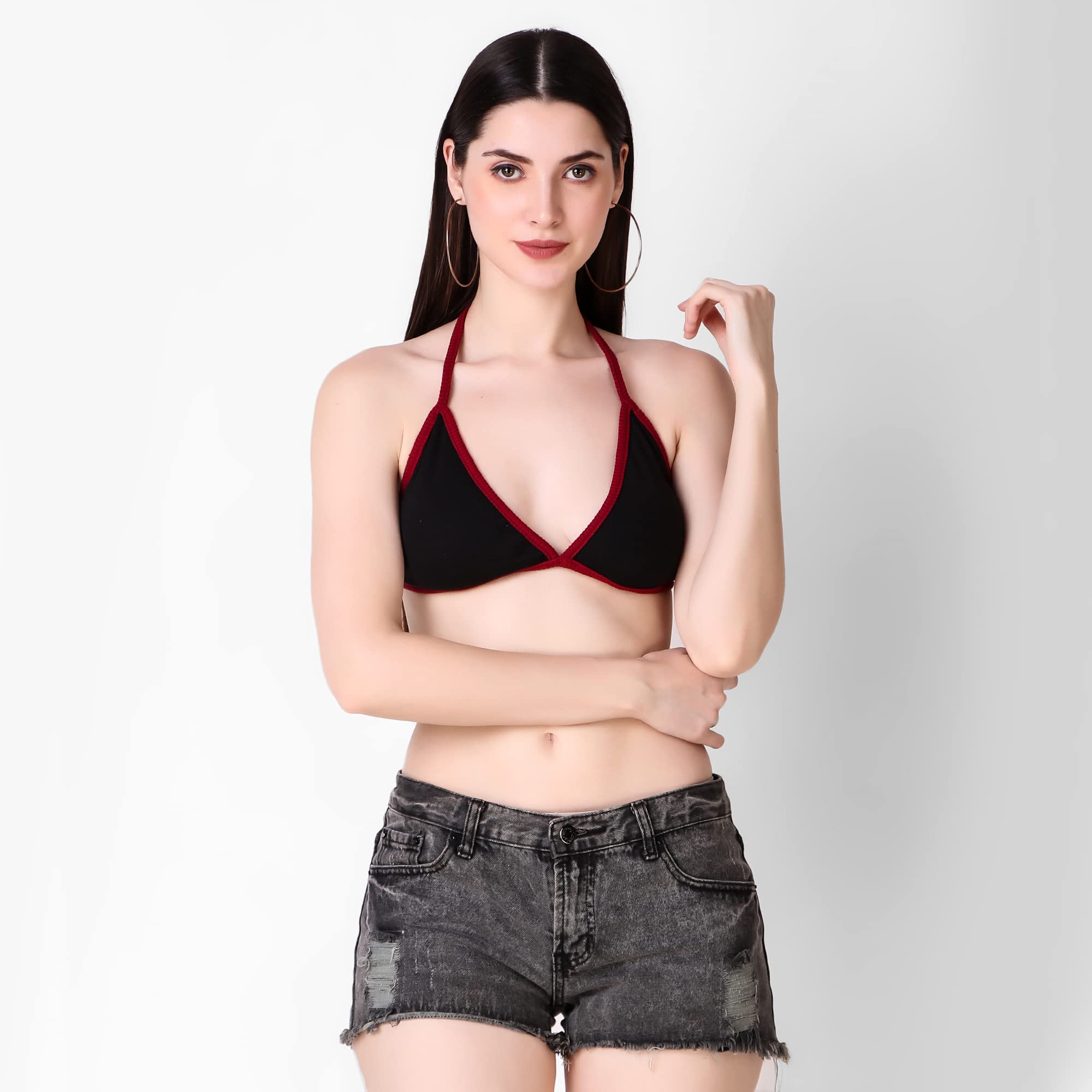 Istyle Can Backless Sleeveless Solid Beachwear Back Tie Up Women Trendy Top Rib Knit/Ribbed Women's Crop Cami Tank Bikini Top for Women | Beach Top (Free Size, Black-MRN) 3
