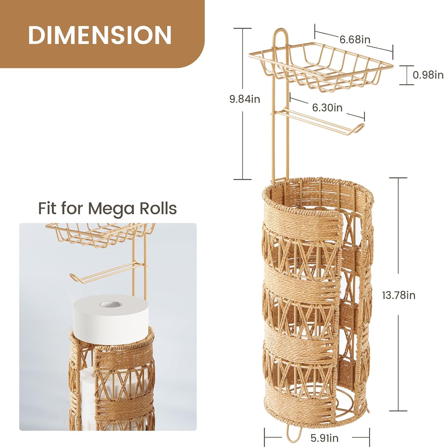 Freestanding Toilet Paper Holder, Idealmax Handmade Rattan Toilet Paper Roll Holder Stand for 4 Mega Rolls for Bathroom Storage