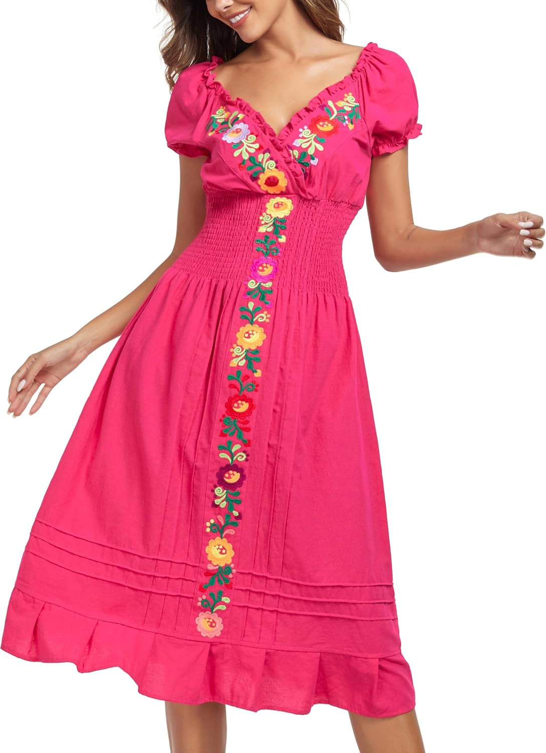 YZXDORWJ Women Mexican Embroidered Casual Dress Summer Ruffle V Neck Short Sleeves