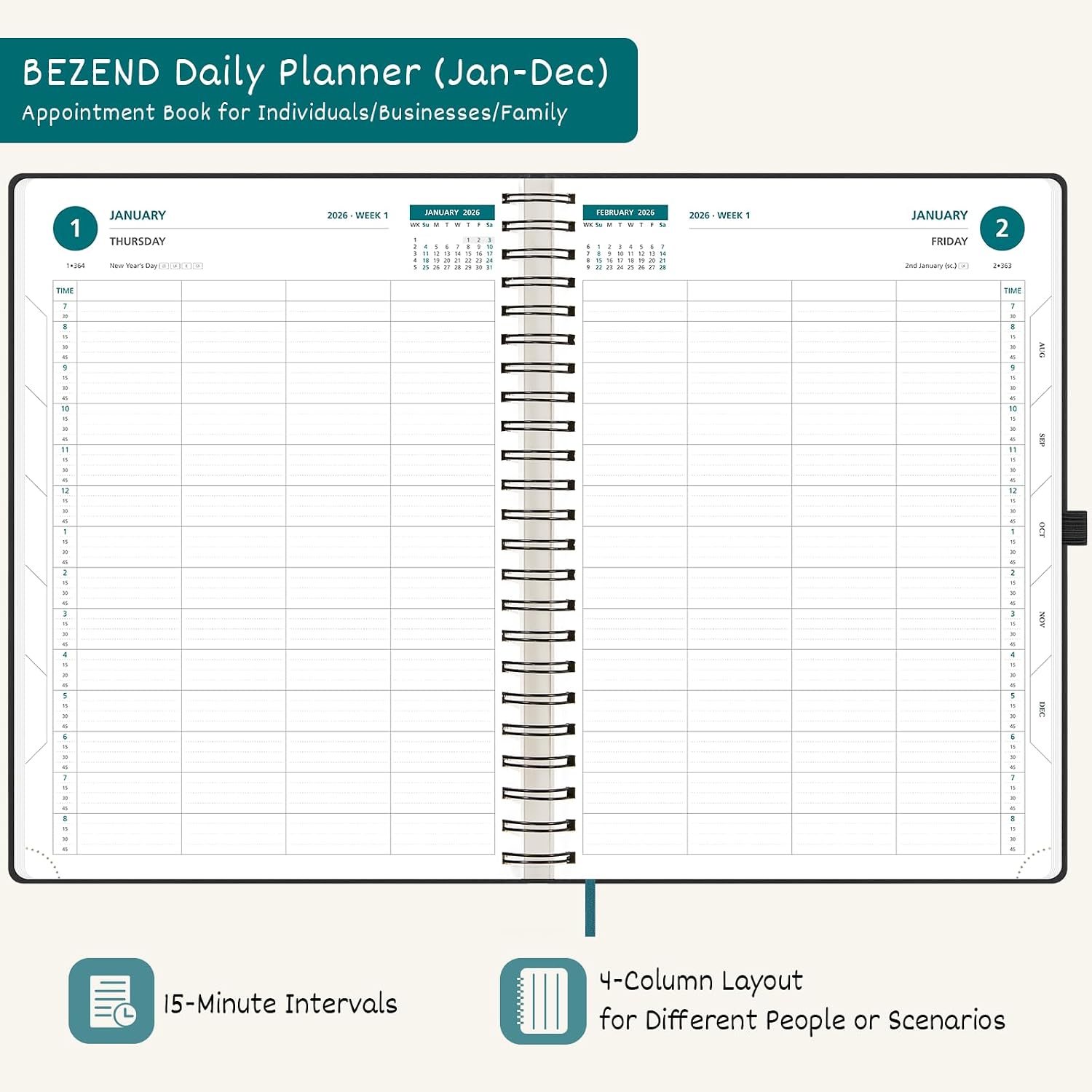 BEZEND Daily Appointment Book 2026 Page per Day Even Weekends (Large-8.25" x 11.75") 15-Minute Timeslots in 4 Columns, Monthly Planner with Tabs & Week Schedule, PU Leather Softcover in Mint Green