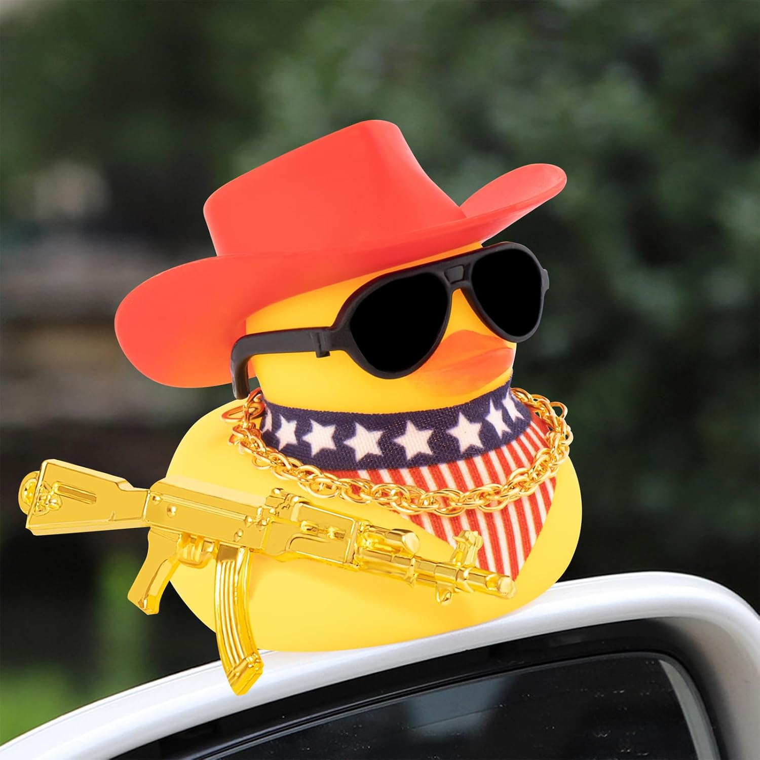 wonuu Rubber Duck Car Ornaments Dashboard Decorations with Cowboy Hat Bandanna Necklace for 4th of July Independence Day Accessories Labor Day, Yellow-Red Horizontal Red White Blue Star Stripe Flag