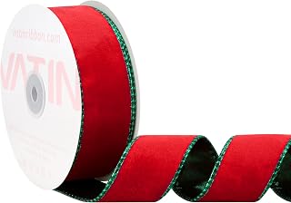 VATIN Red Velvet Wired Ribbon 1.5" Metallic Red Green Velvet Christmas Ribbon for Floral Arrangements Wrapping Gifts Stylish Decor Creation -Continuous 5 Yards
