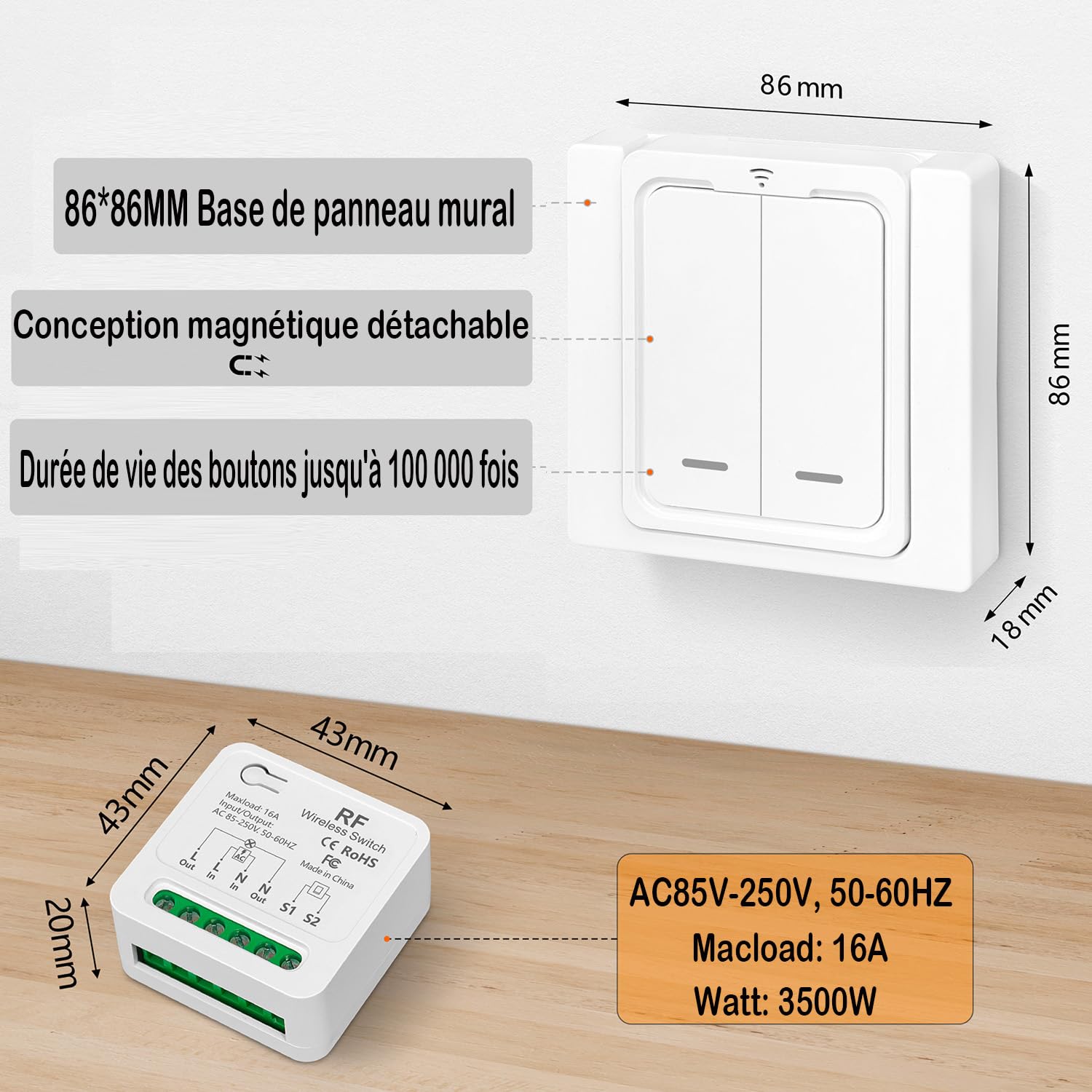 Kit Interrupteurs Sans Fil, Fonctionne Avec Un Interrupteur Mural, Portée De Contrôle Jusqu'à 100 M Pour Lampes D'intérieur Ampoules LED, Récepteur Relais AC220 V 2000 W(1 À 2)