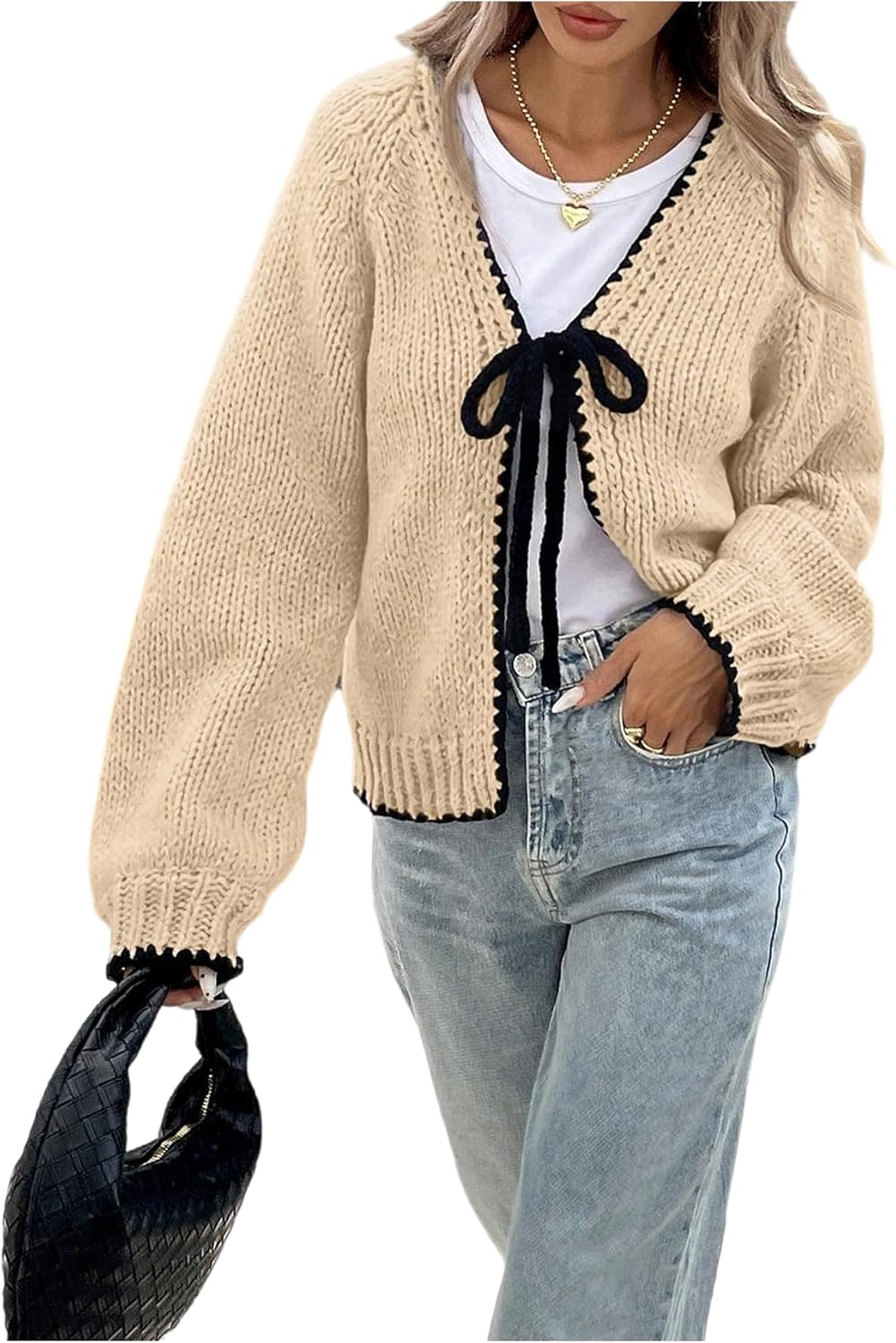 SHENHE Women's Tie Front Cardigan Sweater Chunky Knit Loose Fit V Neck Fall Cardigan Outerwear