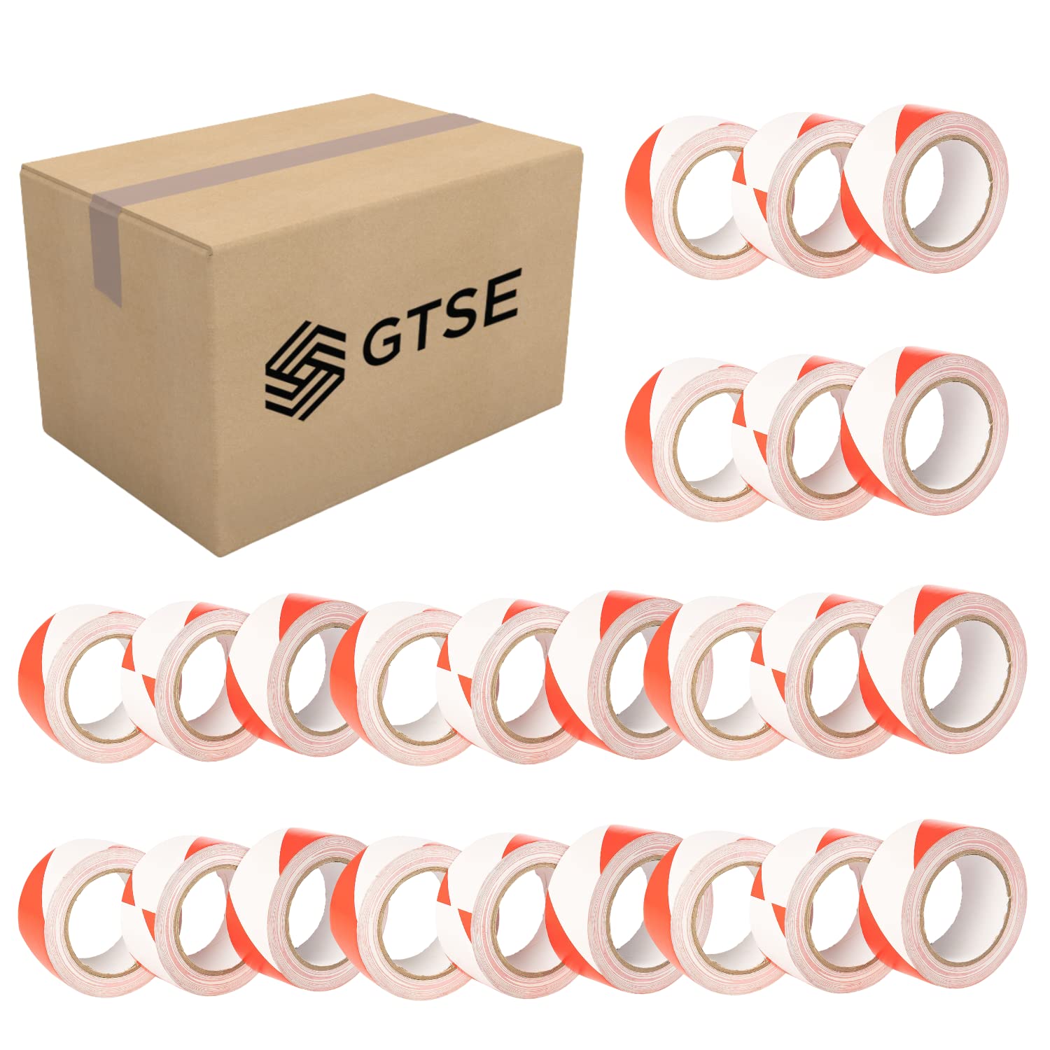 GTSE Hazard Tape Red and White, 50mm (2") x 33m, Strong Adhesive Warning/Caution Tape, Floor Marking Tape, 24 Rolls