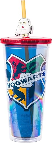 Silver Buffalo Harry Potter Hedwig Hogwarts House Crest con Gryffindor, Hufflepuff, Ravenclaw y Slytherin Vaso de Plástico para Bebidas Frías con