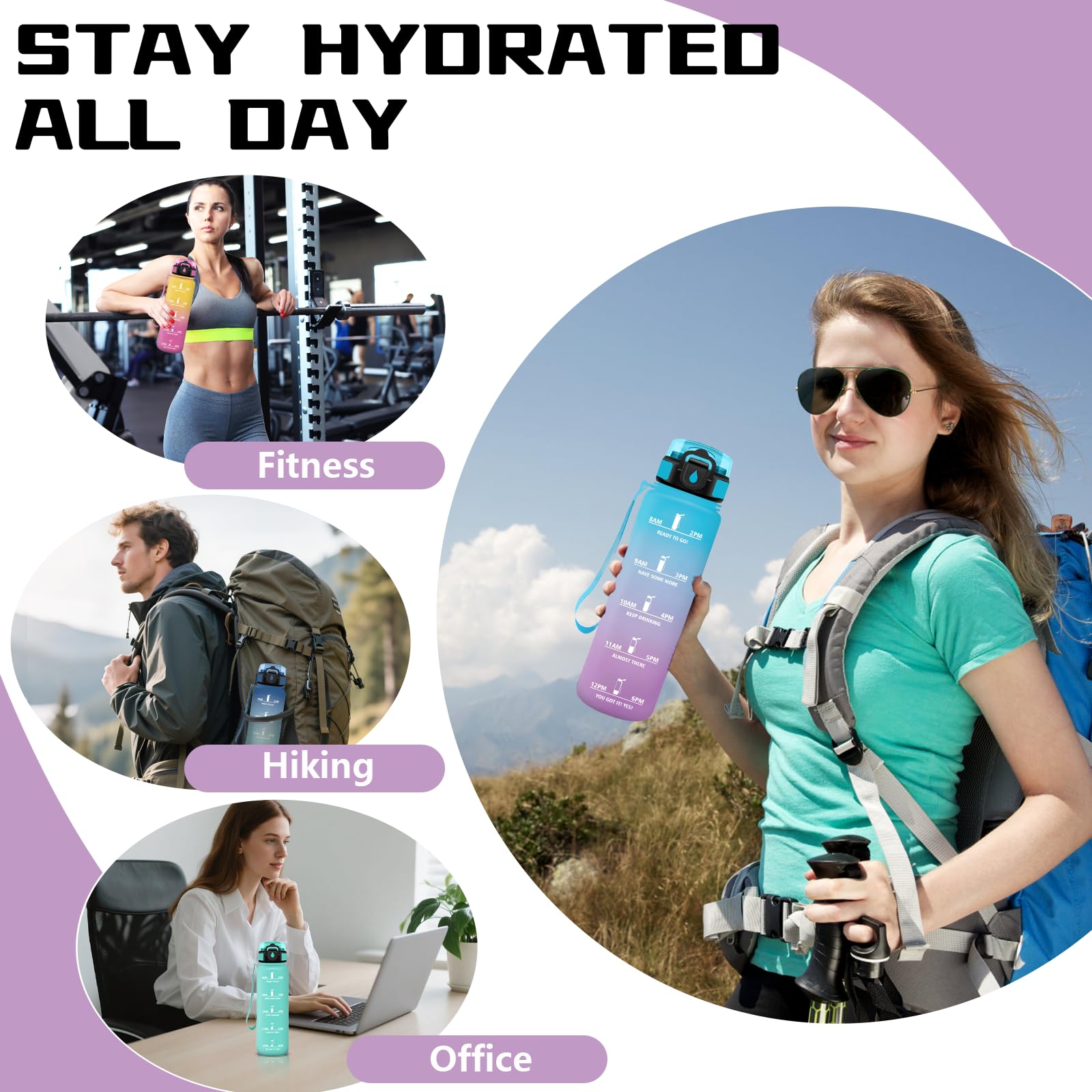 Grsta Borraccia 1 litro, Borraccia con Cannuccia, Senza Perdite, Borraccie Motivazionale, Facile da Pulire, Borracce con Orari per Bere, Bottiglie Acqua per Fitness, Campeggio, Yoga