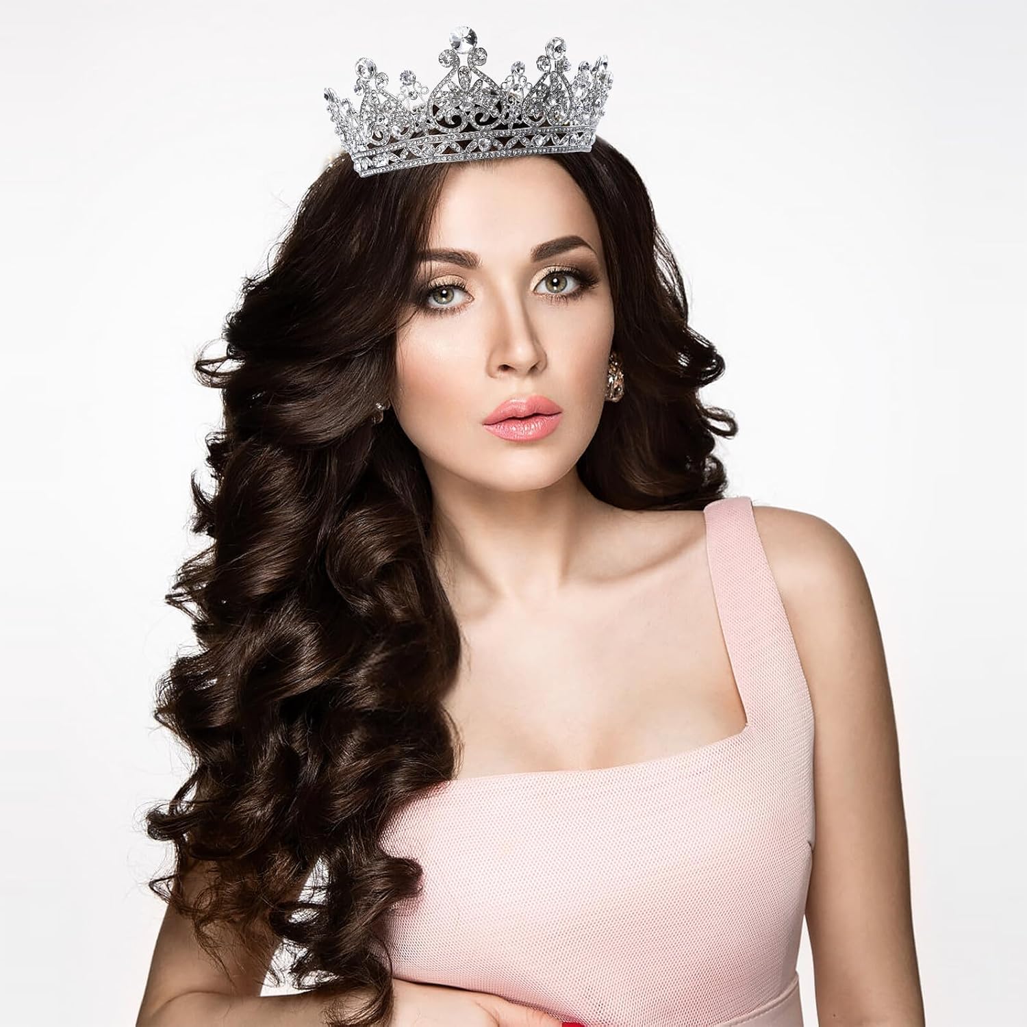 Ipetboom Bridal Tiara Crown Silver Baroque round Rhinestone Wedding Hair Accessory for Women Bride Party Headdress