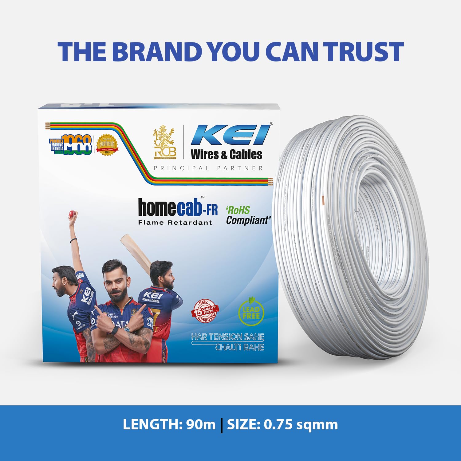 KEI WIRES & CABLES Homecab 0.75 sq mm 1 Core Housewire Flexible PVC Insulated Cable for Domestic & Industrial Connections (White, 90m)