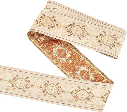 FINGERINSPIRE Cinta de jacquard de 7.66 yardas de 1.969 in de ancho con flores de diamante metálicas, cintas de bordado de estilo étnico, cinta de