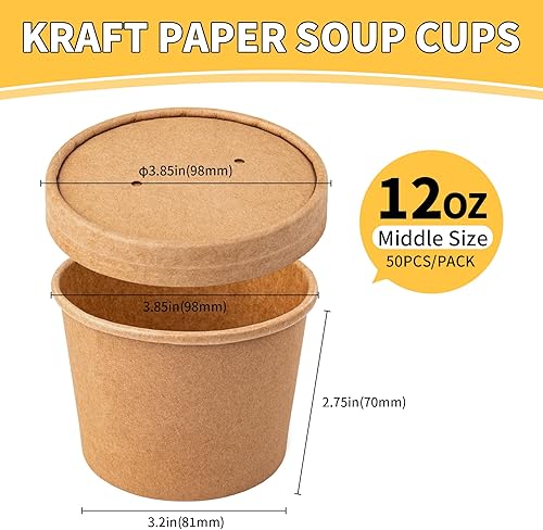 Miniatura 2 de Paquete de 50 recipientes de sopa con tapas, recipientes desechables y biodegradables, cuencos de papel kraft de 12 onzas con tapa para beber