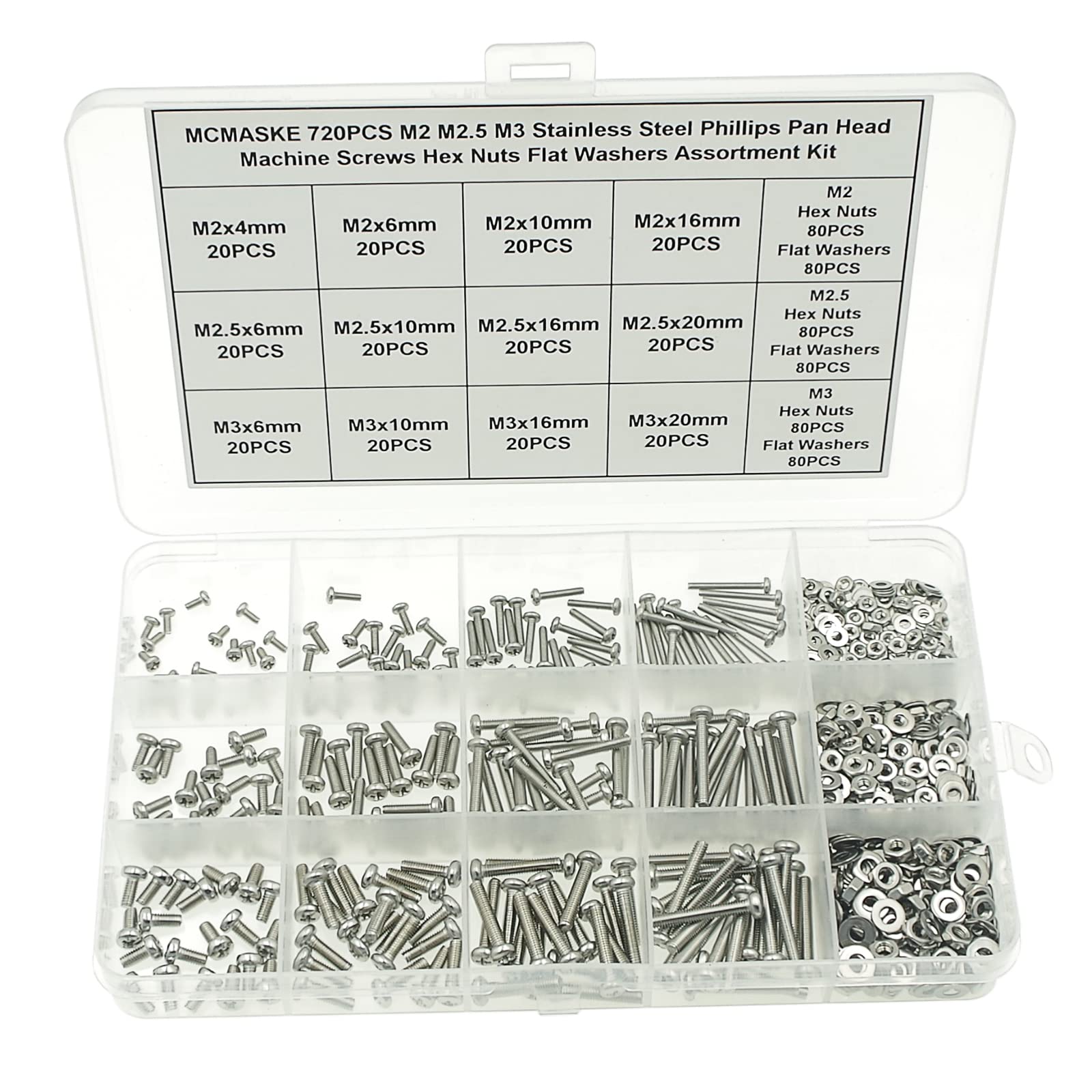 MCMASKE 720PCS M2 M2.5 M3 Stainless Steel Phillips Pan Head Machine Screws Nuts Flat Washers Assortment Kit