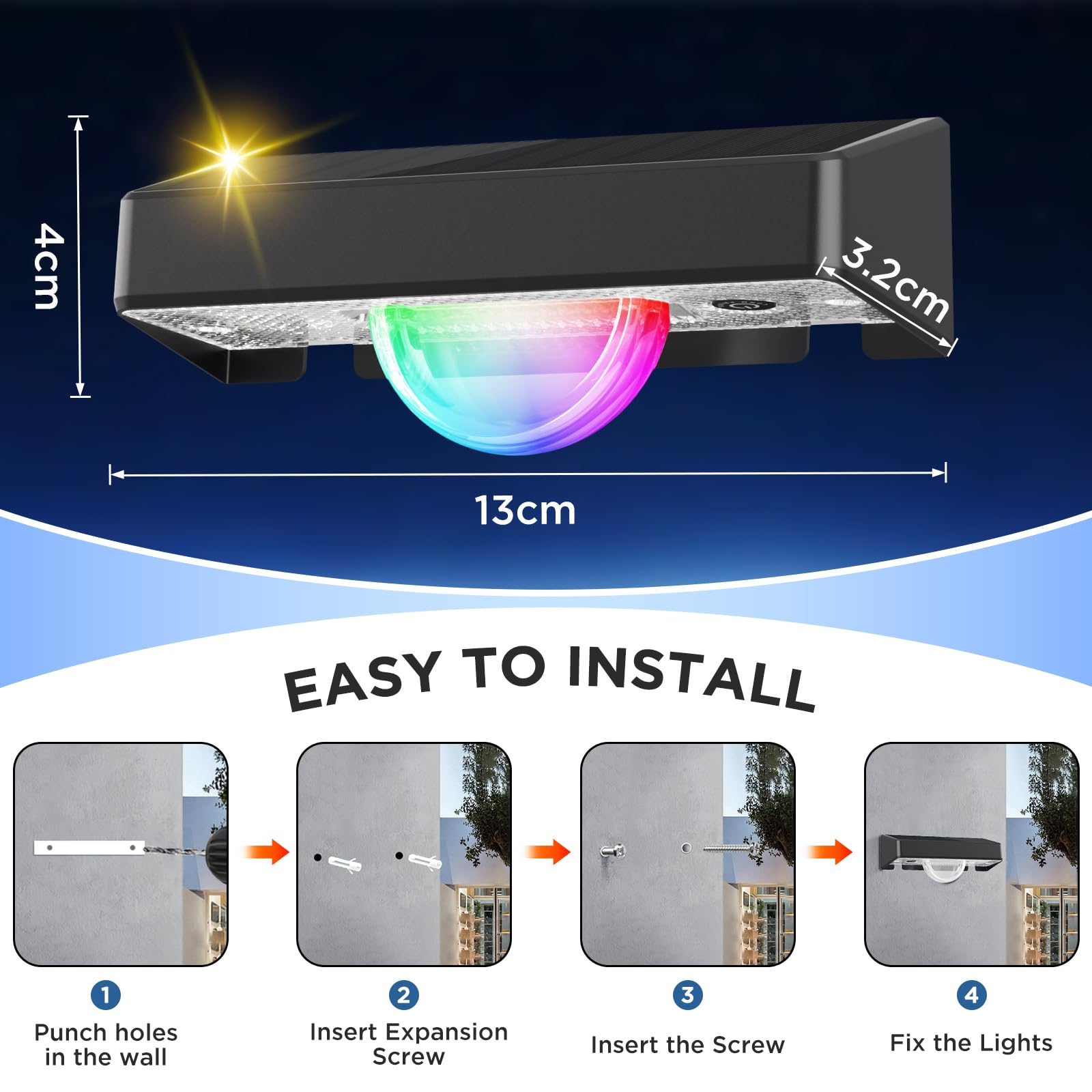 Quntis Solarna lampa ścienna zewnętrzna z efektem wiązki światła, 4 sztuki, 11 trybów świecenia (ciepła biel i zmiana kolorów RGB), IP44, wodoszczelne solarne oświetlenie ogrodzenia, do użytku na