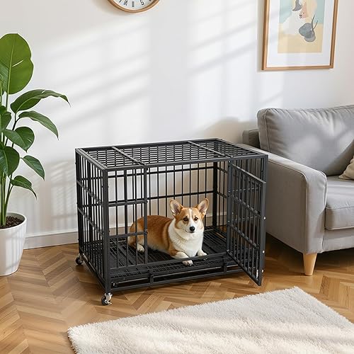 Miniatura 9 de VOWNER Jaula para perros indestructible de 38 pulgadas, resistente a prueba de escapes, con 4 ruedas bloqueables, jaula para perros de alta ansiedad