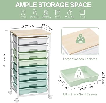 SYKIARIOL Rolling Cart with Drawers,Craft Organizers and Storage, Green