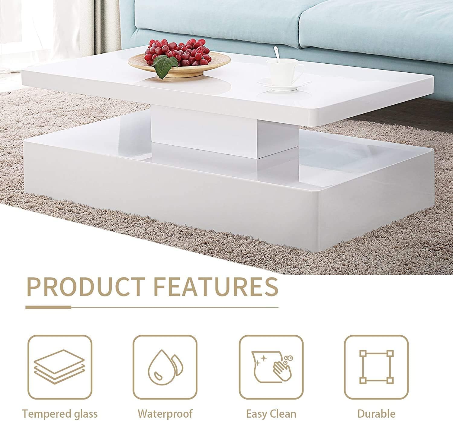Mecor Modern Glossy White Coffee Table W/LED Lighting, 2 Tier Rectangle Design Living Room Furniture