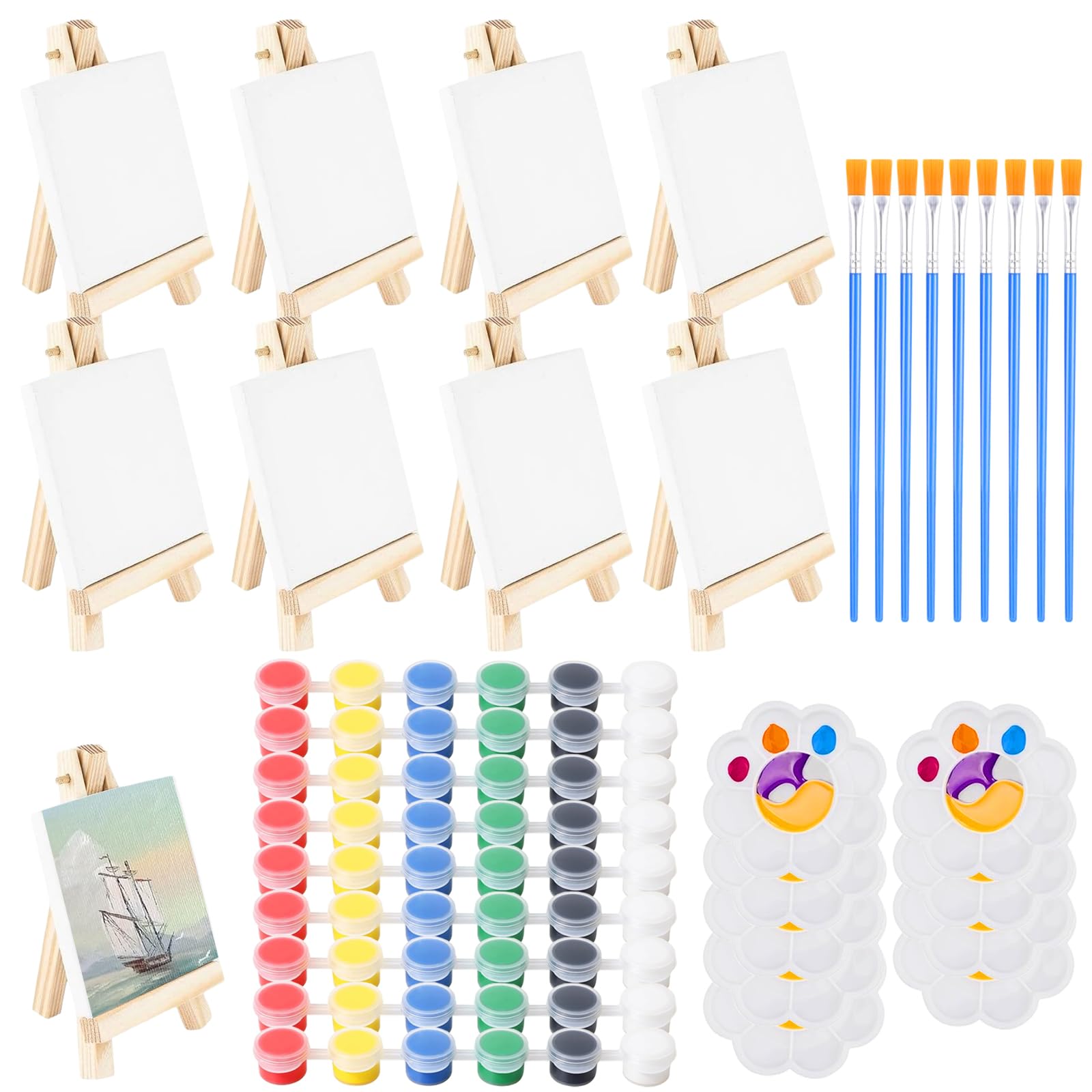 45 Stück Mini Leinwand mit Kunststaffelei, 9 kleine dreieckige Künstlerstaffelei mit 9 Leinwänden,9 Pinseln und 9 Farbpaletten und 9 Aquarellfarben für Amateure und Künstler