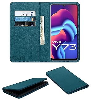Acm Rich Leather Flip Wallet Front & Back Case Compatible with Vivo Y73 Mobile Flap Magnetic Cover Turquoise