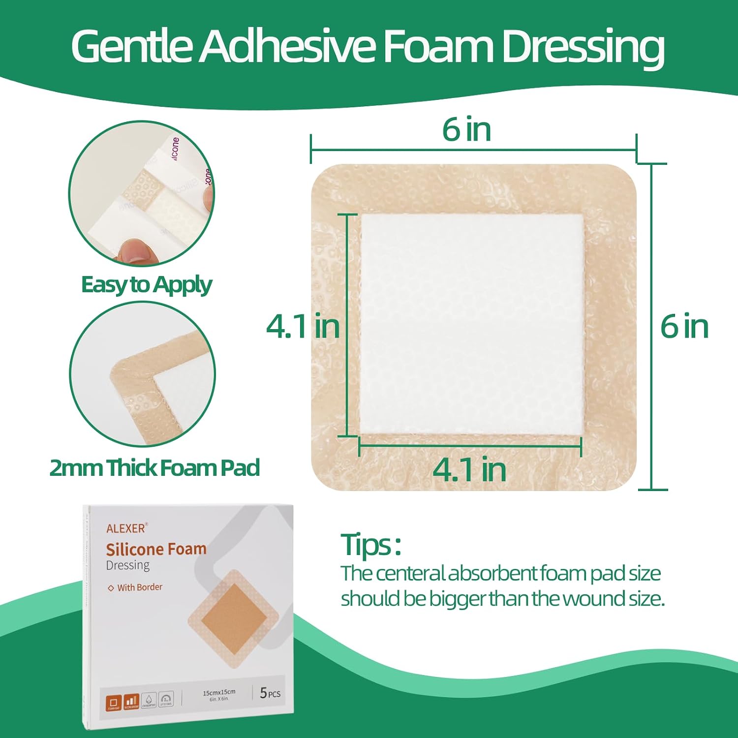Jointown Foam Wound Care Dressing, Adhesive Silicone Foam Dressing with Border, Waterproof Bed Sore Bandages, 6"x6", 5 PCS