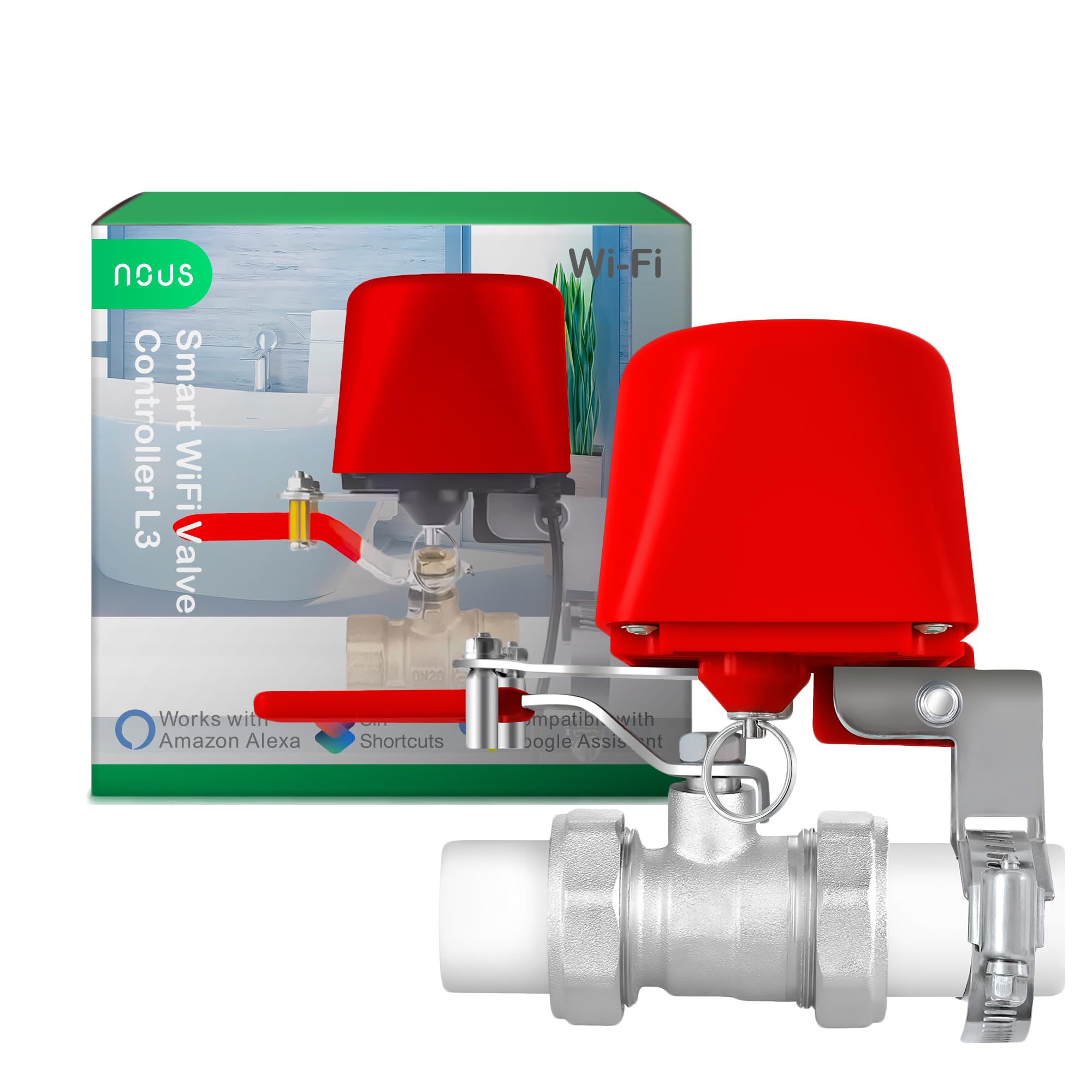 NOUS L3 Wifi Wasserventil elektrisch, Google Assistant, Amazon Alexa, Alexa kompatibel, NOUS Smart Home App, Life TUYA, Zeitschaltuhr Gartenbewässerung Smart, Wasserventil WLAN, Only 2.4 GHz WiFi Red