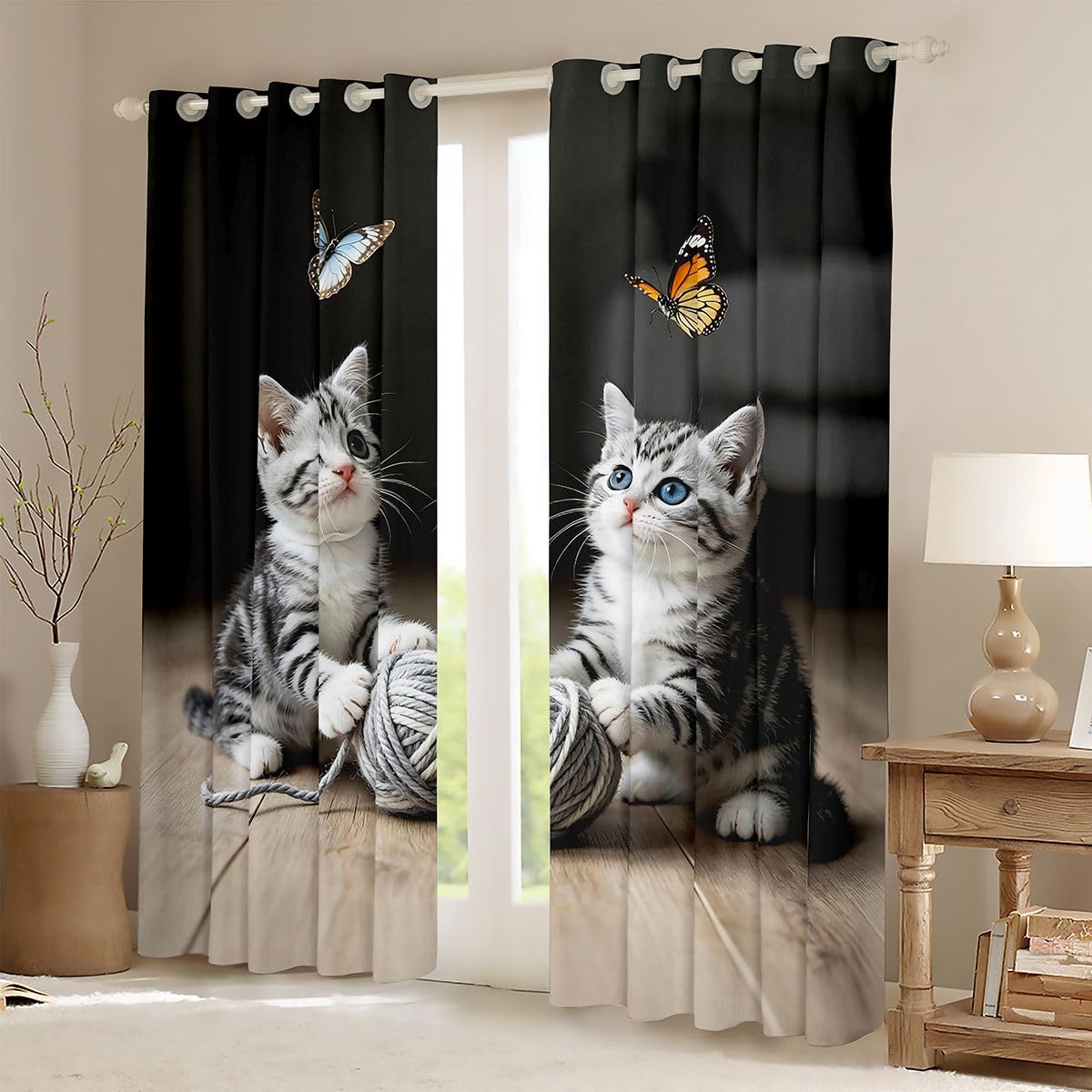 Lot de 2 rideaux de fenêtre Kawaii chat pour adultes et enfants, taille XL, aquarelle, papillon, impression 3D, animaux de compagnie, bons rideaux occultants sur le thème des animaux, 245 x