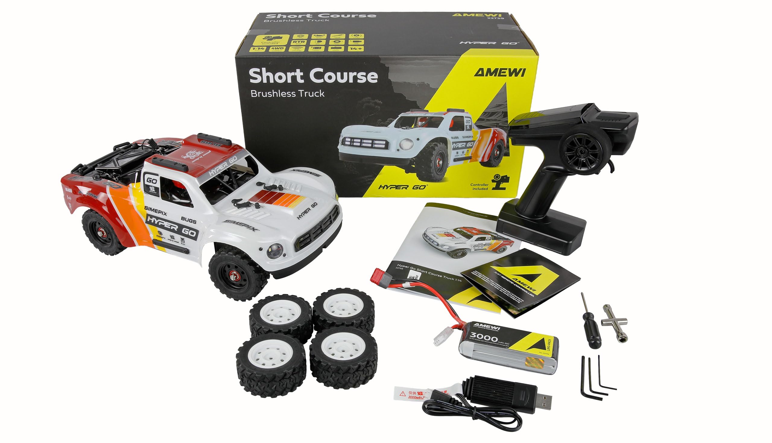 Amewi Hyper GO Short Course Truck Brushless 1:14 RTR z pilotem zdalnego sterowania, akumulatorem, kablem do ładowania
