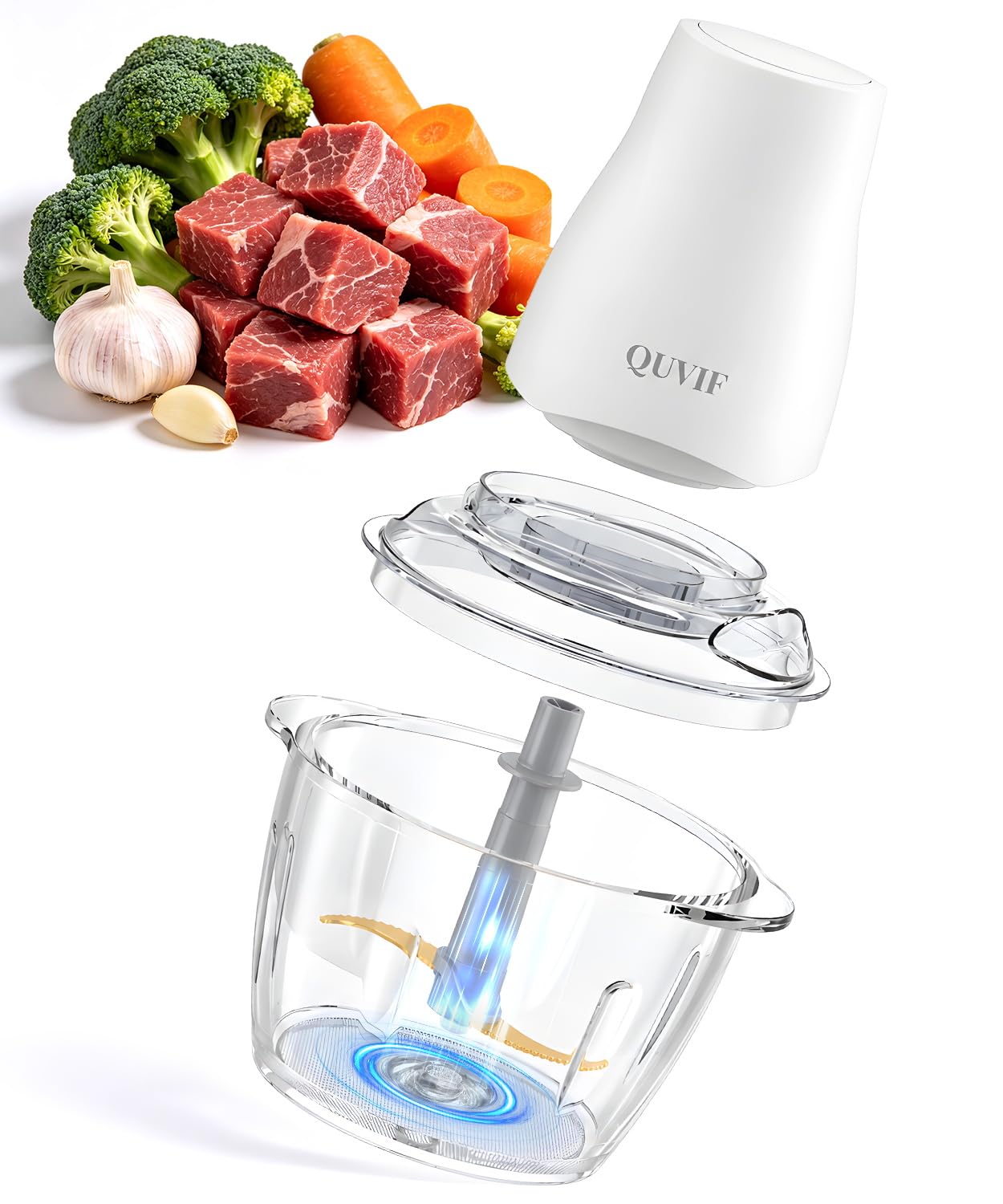 Quvif Food Processor Electric Food Chopper Meat Grinder & Vegetable Chopper with Magnetic Easy-Clean Spindle & Serrated Blades, Power Copper Motor, for Meat/Vegetables/Fruits/Ice Cubes (Pure White)