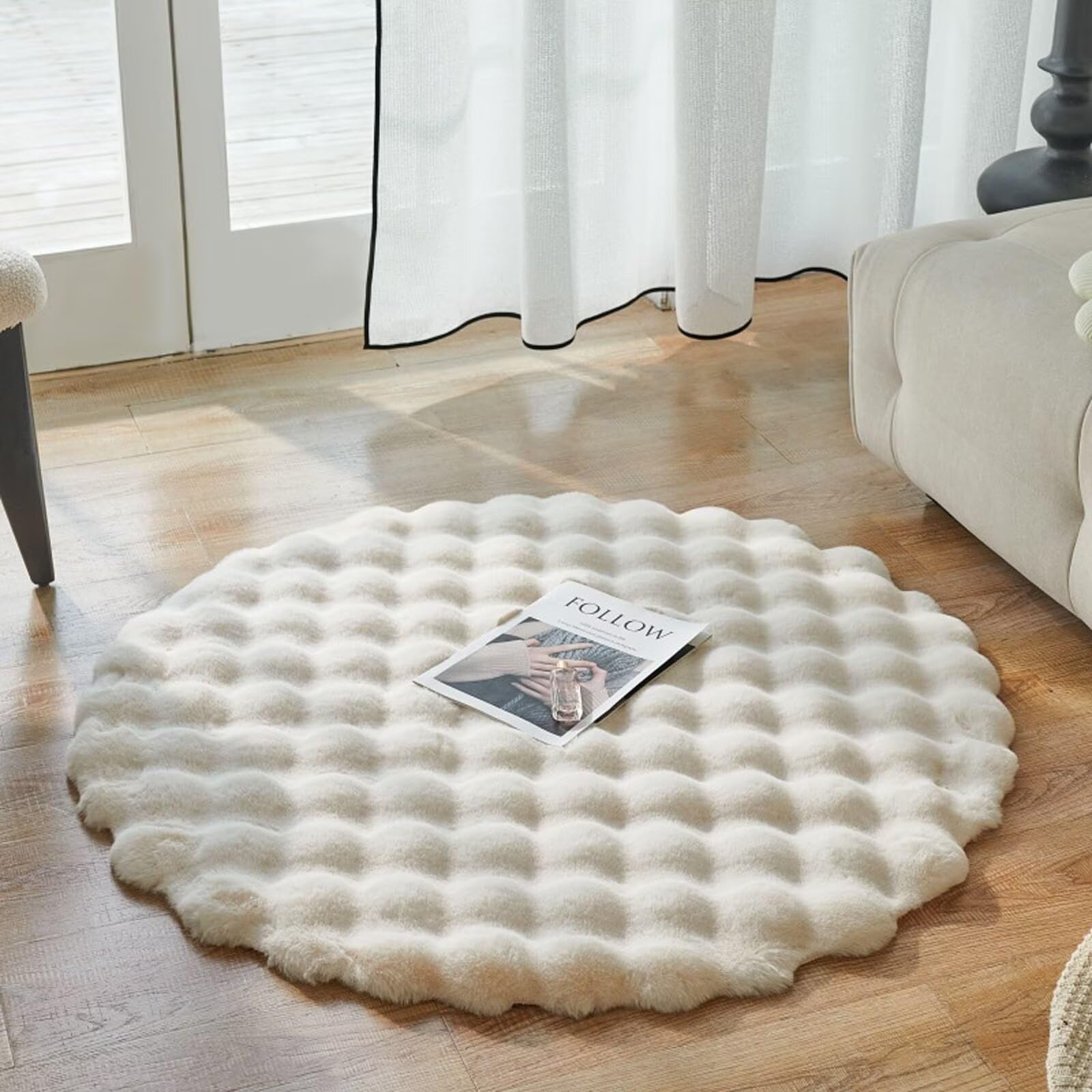 Teppich Rund, Waschbar Rutschfester Flauschiger Fellteppich Rund für Wohnzimmer Kinderzimmer Kinderzimmer Schlafzimmer, Bettvorleger High-Pile Carpet, Beige 140cm