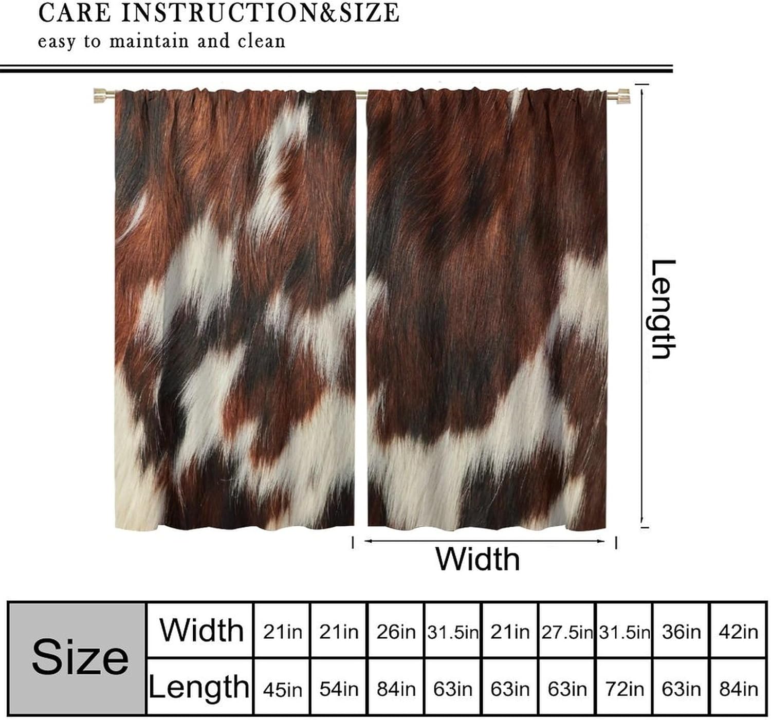 Cowhide Blackout Curtain, Western Rustic Cow Print Brown White Animal Fur Skin Drapes, Rod Pocket Window Treatments 2 Panels Curtains for Bedroom Office Living Room Kitchen Decor 63"W X 72"L